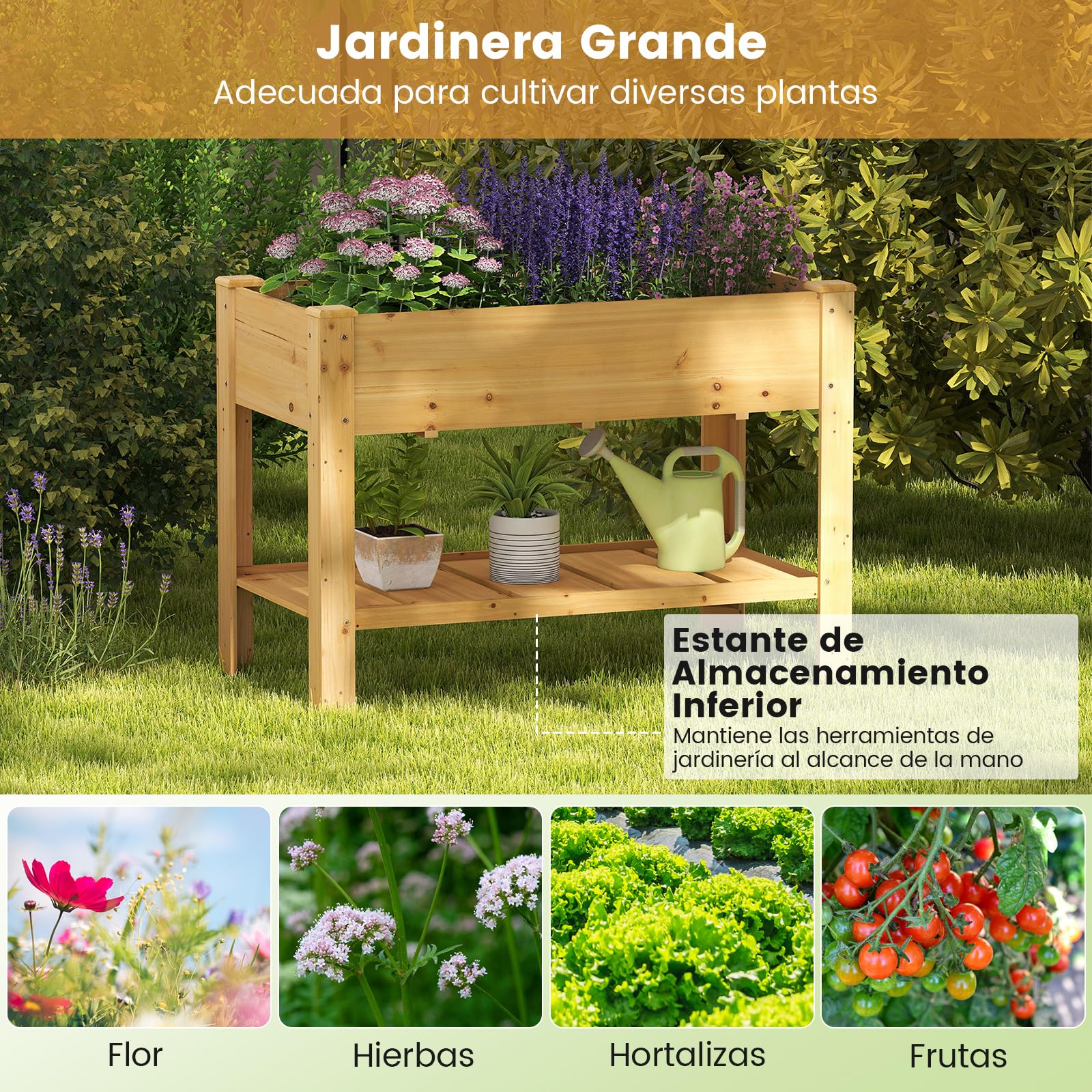 COSTWAY Cama de Jardín Elevada de Madera, Jardinera Elevada con Estante, Drenaje, Contenedor para Flores, Hierbas, Vegetales, Caja de Plantar para Interiores y Exteriores, 120x60x80 cm (Natural)