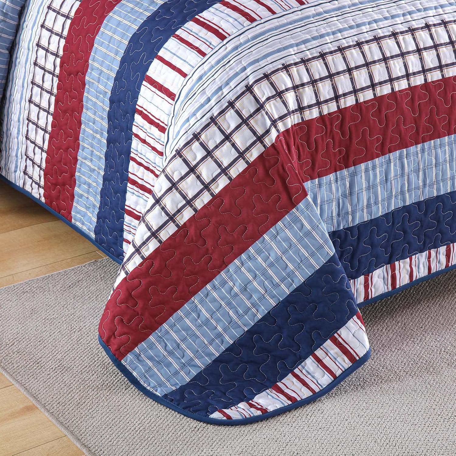DJY Striped Quilt Set King Size, Red Blue Boho Striped Bedspread Coverlet Set 3 Pieces Lightweight Soft Microfiber Patchwork Quilt Bedding Set for All Season (104"x90") - Image 8