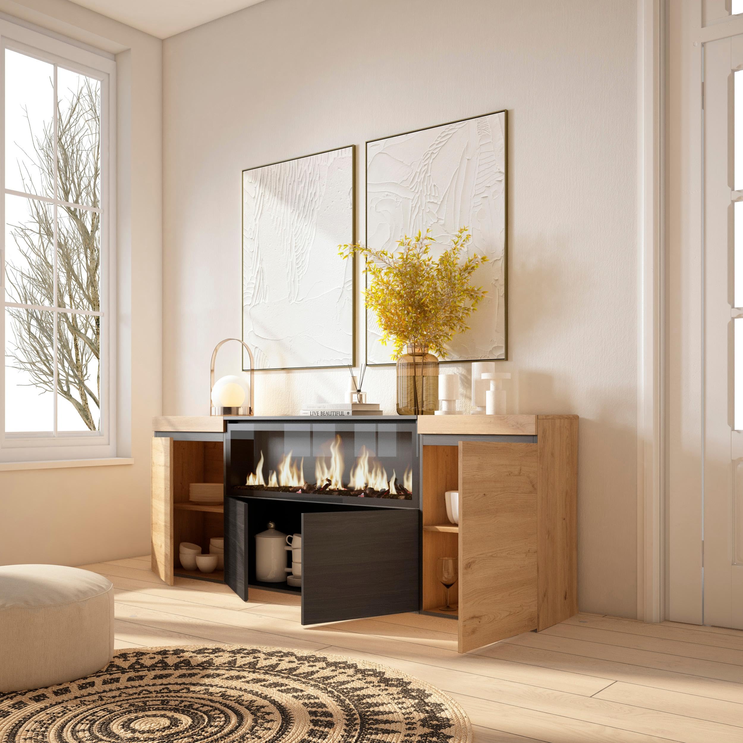 Skraut Home | Credenza, Mobile, Cucina | Madia, mobile ingresso | 210 | 4 Porte | Camino elettrico XXL | Stile moderno | Rovere e nero