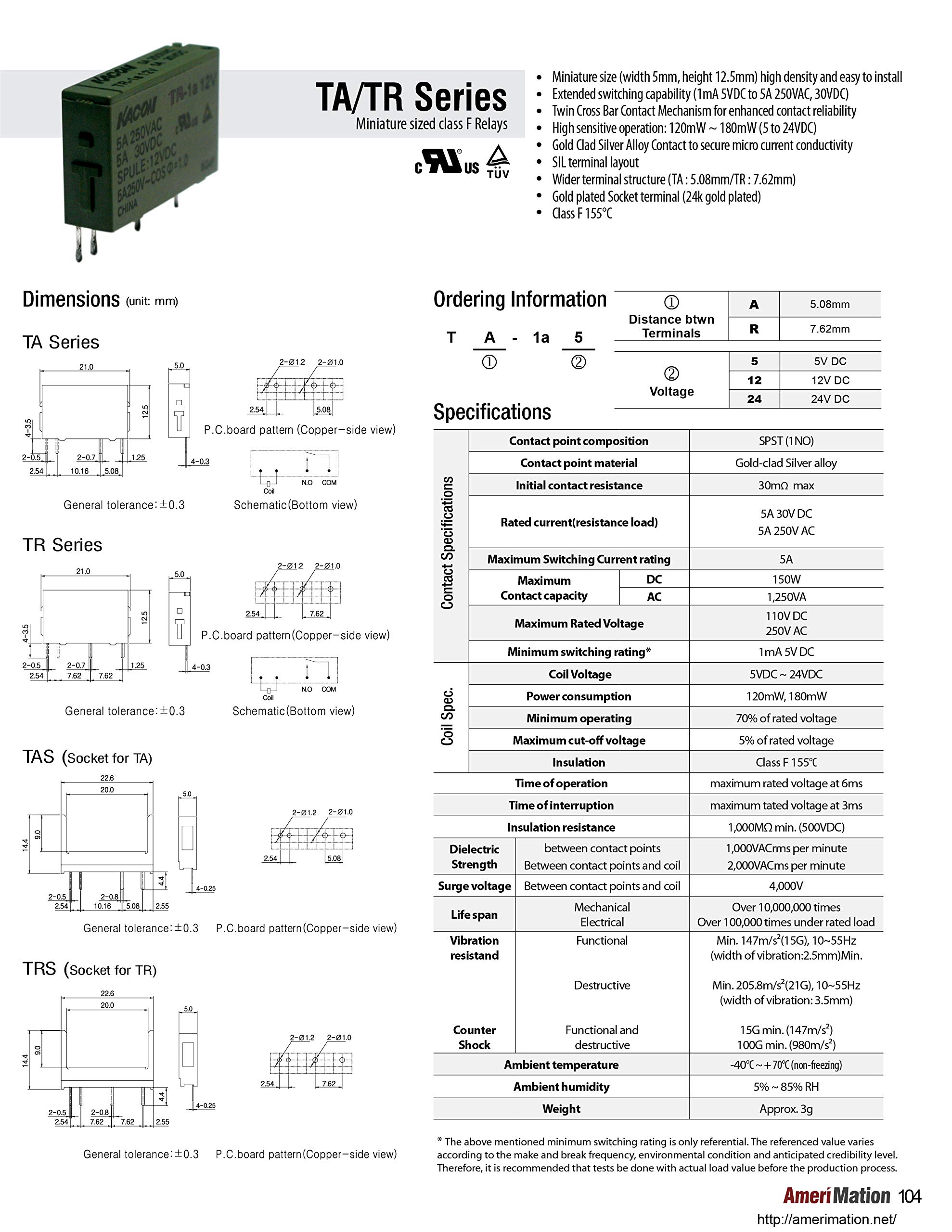 TA-1a24, Miniature Relay, Class F, 5.08mm of Distance Between terminals, 24V DC