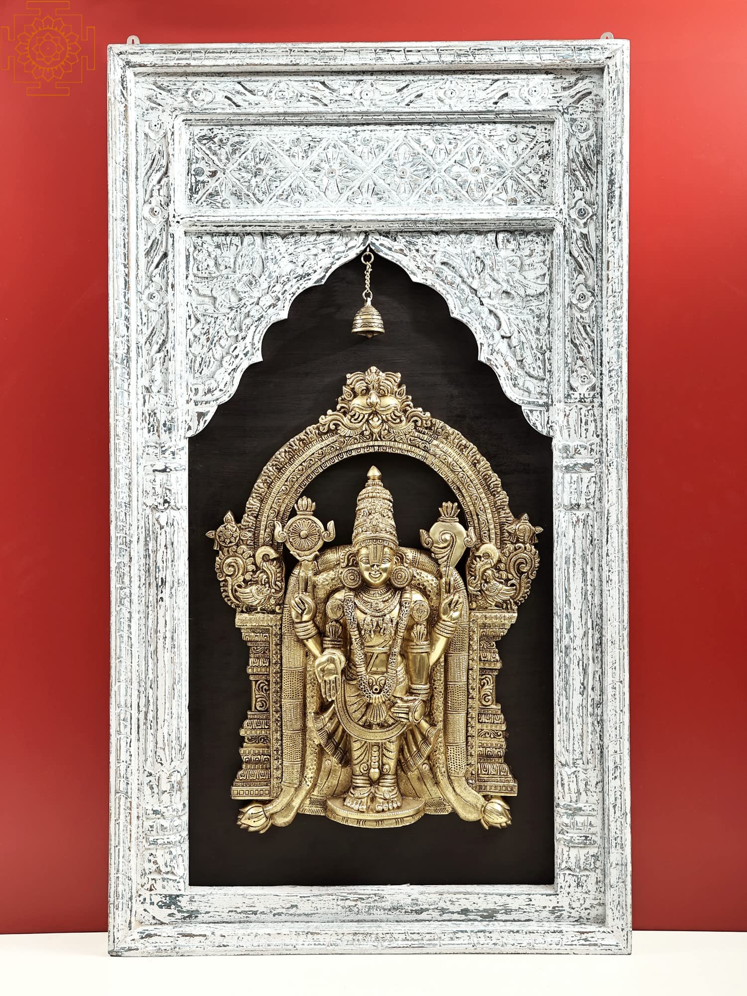 47" Tirupati Balaji in a Stylized Temple Frame Wall Hanging | Handmade - Wood with Brass