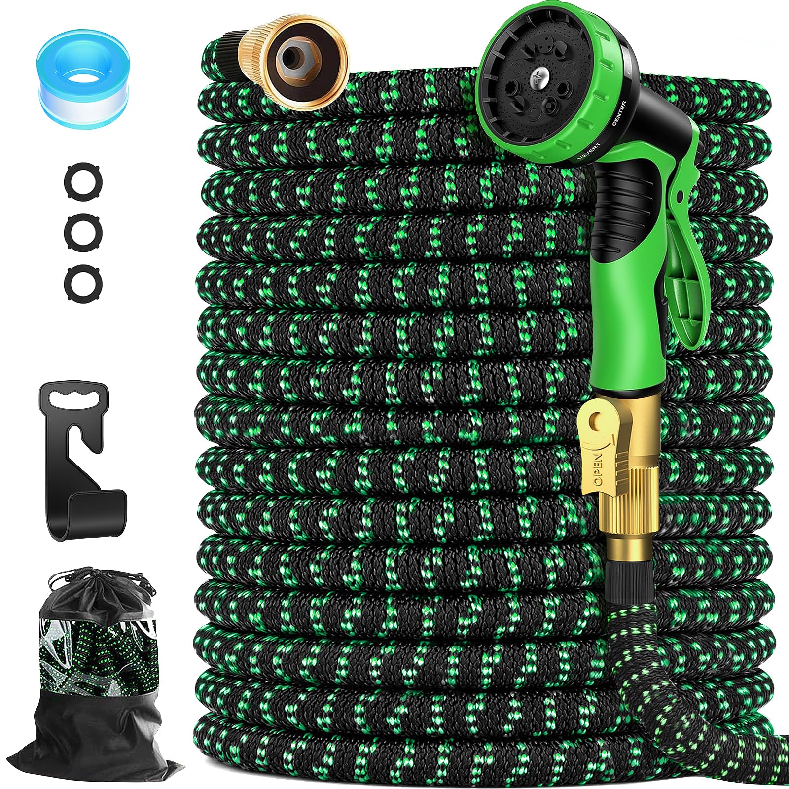 Expandable Garden Hose 100FT with Holder - Heavy Duty Superior Strength 3750D - 5 -Layer Latex Core - Extra Strong Brass Connectors and 10 Spray Nozzle (Green)