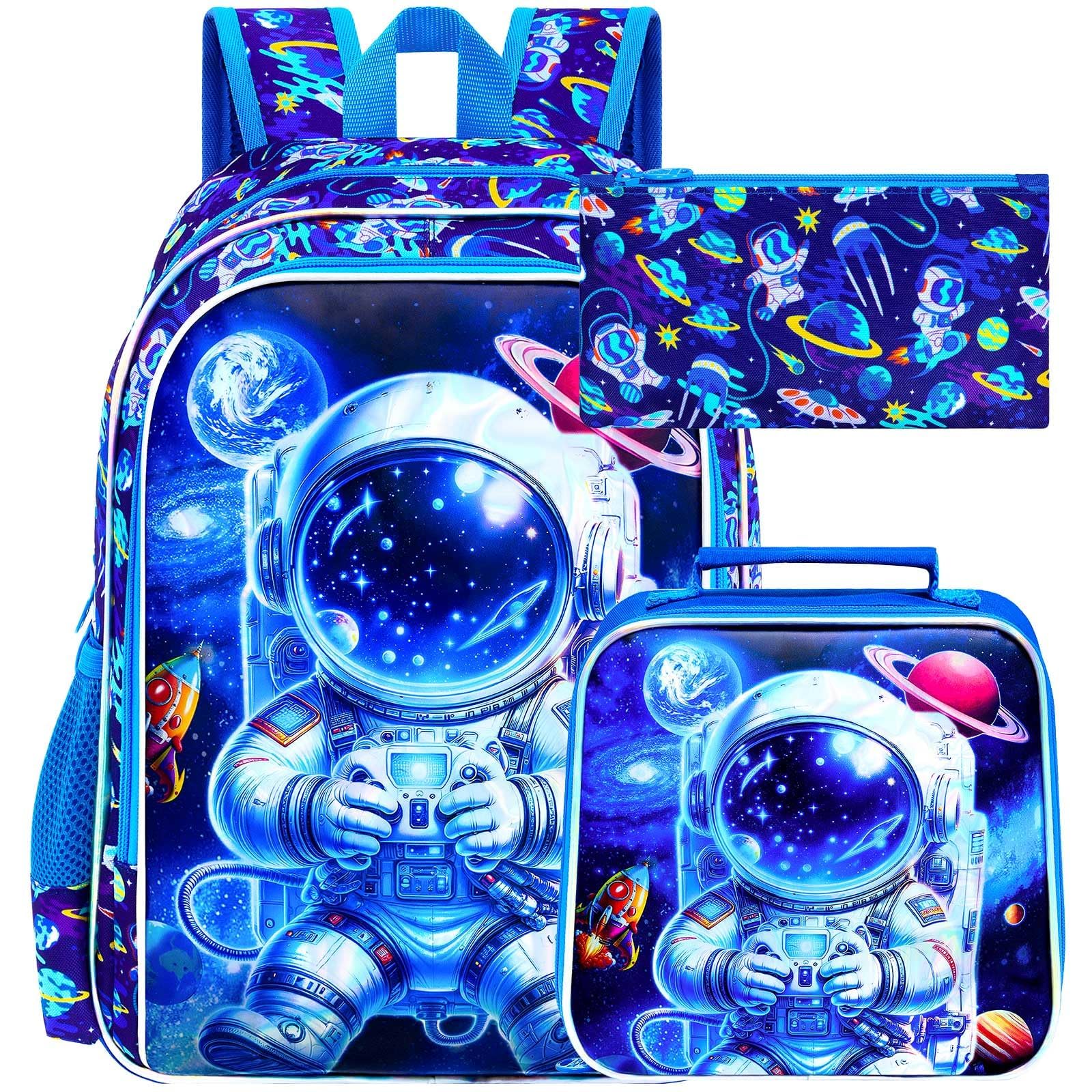 16" Space Backpack for Boy, 3Pcs Astronaut Bookbag for Elementary Preschool Kindergarten, Kids School Backpacks with Lunch Box (Blue)