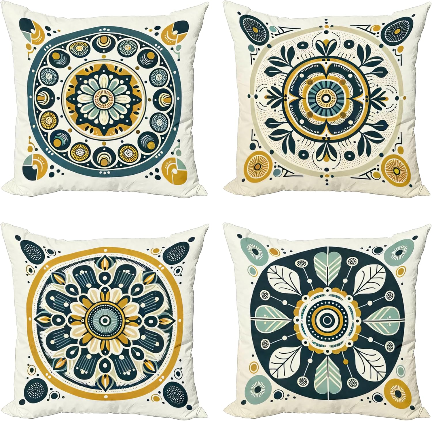 Ambesonne Mandala Throw Pillow Cushion Cover Set of 4, Mosaic Style Flowery Details Circles Bohemian Folk Style Print, Decorative Accent Double-Sided Printing, 18", Dark Mustard and Dark Teal