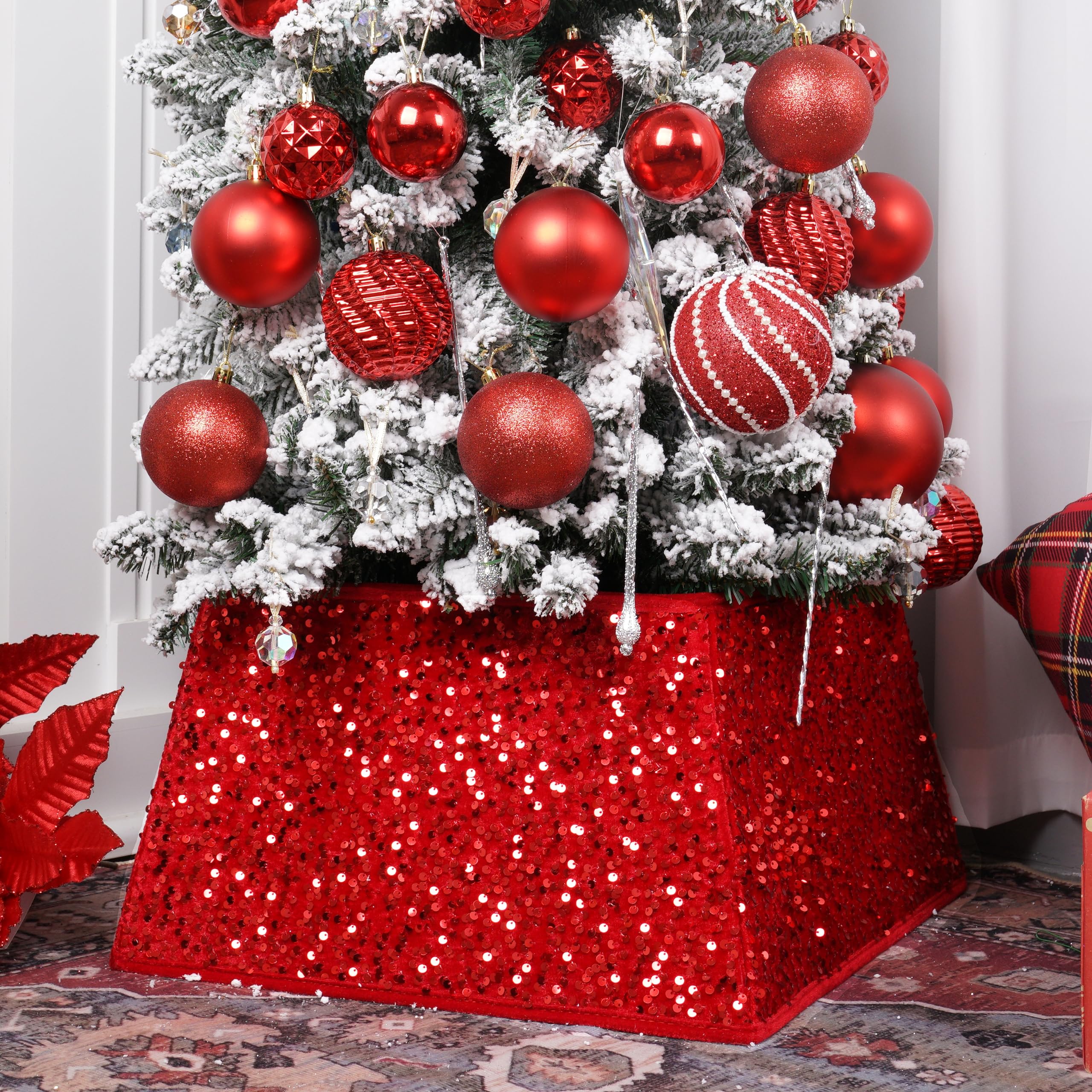 Transform Your Christmas Tree with Sunshine's Sparkling Sequin Tree Skirt - 24" Small Size, Christmas Tree Collar for Holiday Home Decor(Red)