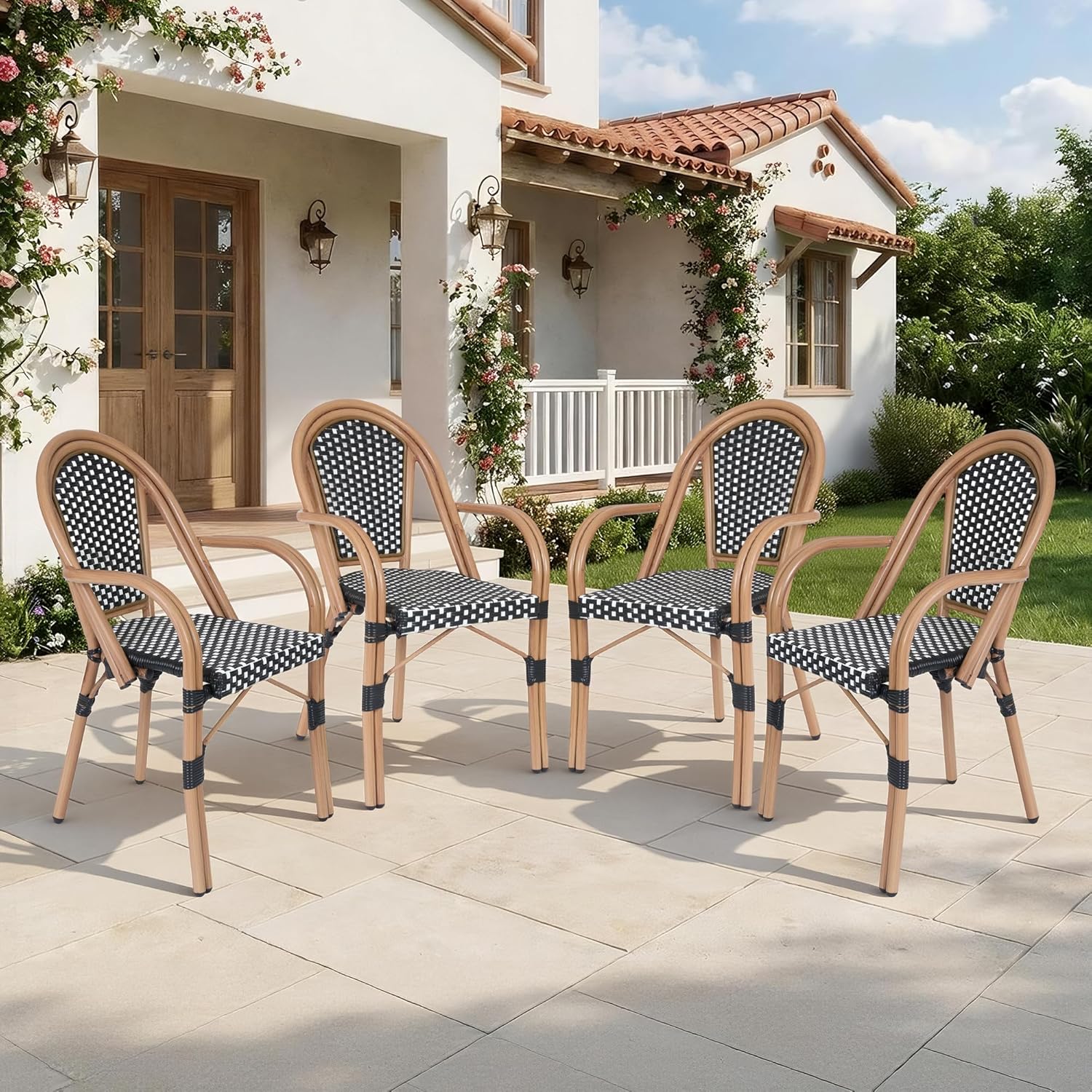 Patio French Chairs Set of 4, Outdoor Hand-Woven PE Wicker Dining Chairs w/Armrests & Metal Frame, Rattan Bistro Chairs for Front Porch Garden Deck Balcony Poolside, White/Black