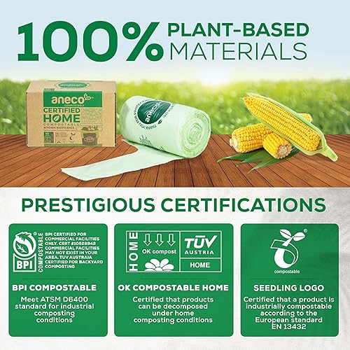 Miniatura 6 de ANECO Bolsas de basura de alimentos 100% compostables de 2.6 galones con asas, pequeñas bolsas de abono para contenedor de encimera, OK compostable