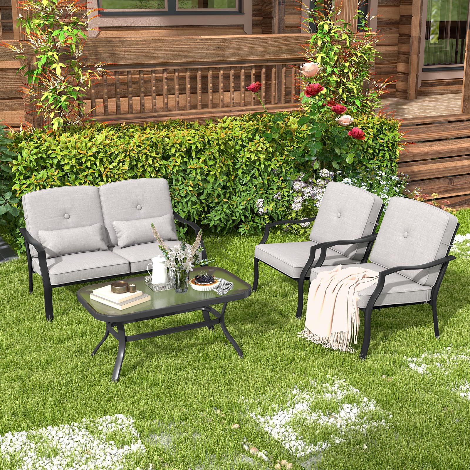 GIANTEX Set di 4 mobili da giardino con tavolino da salotto e panca da giardino e 2 sedie da pranzo, set da 4 persone, set da giardino con cuscino, mobili da giardino