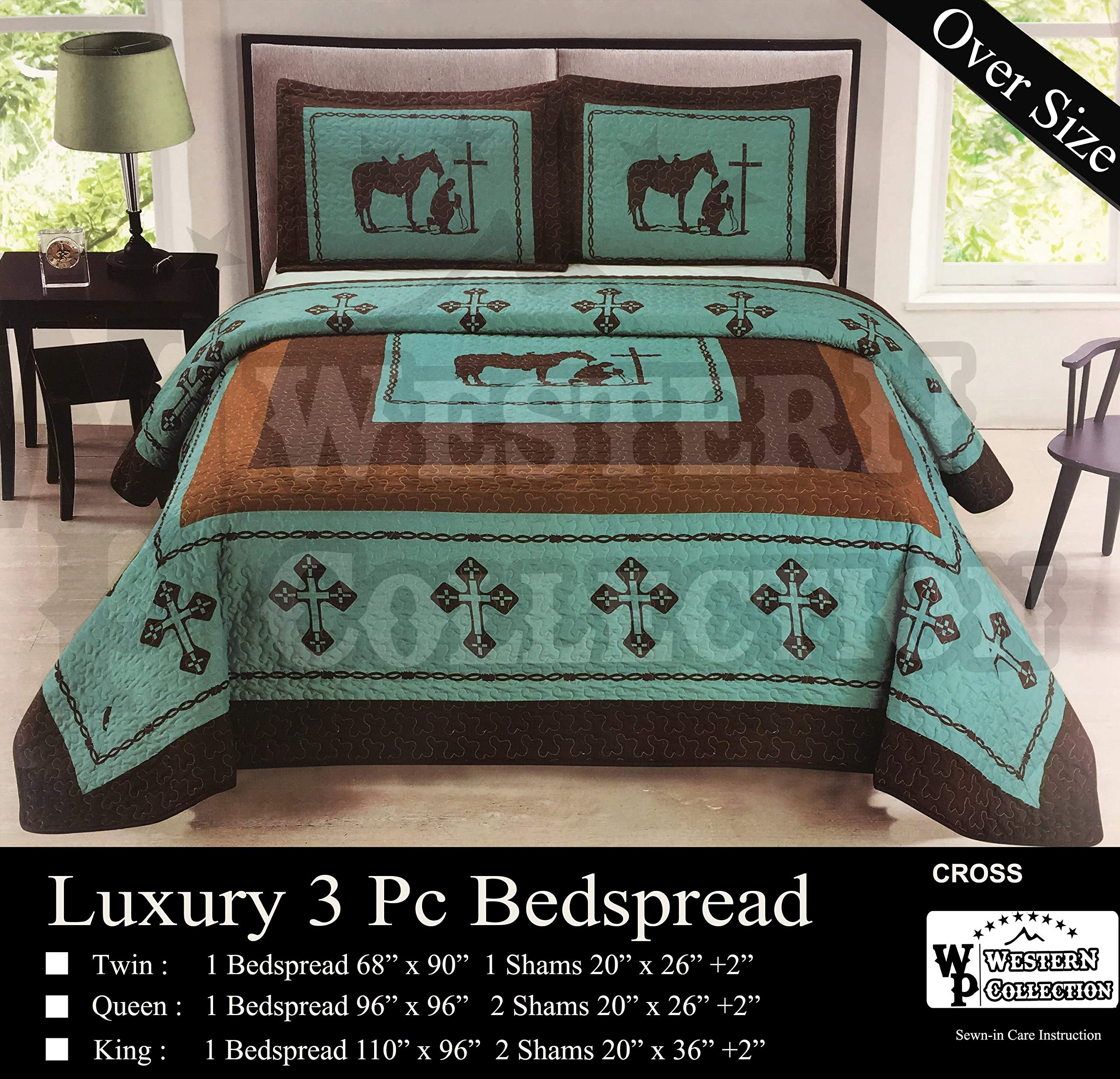 Western Peak Praying Cowboy Horse Barb Wire Star Cabin Lodge Luxury Quilt Bedspread Coverlet Comforter 3 Piece Beige Brown Set (Turquoise King)