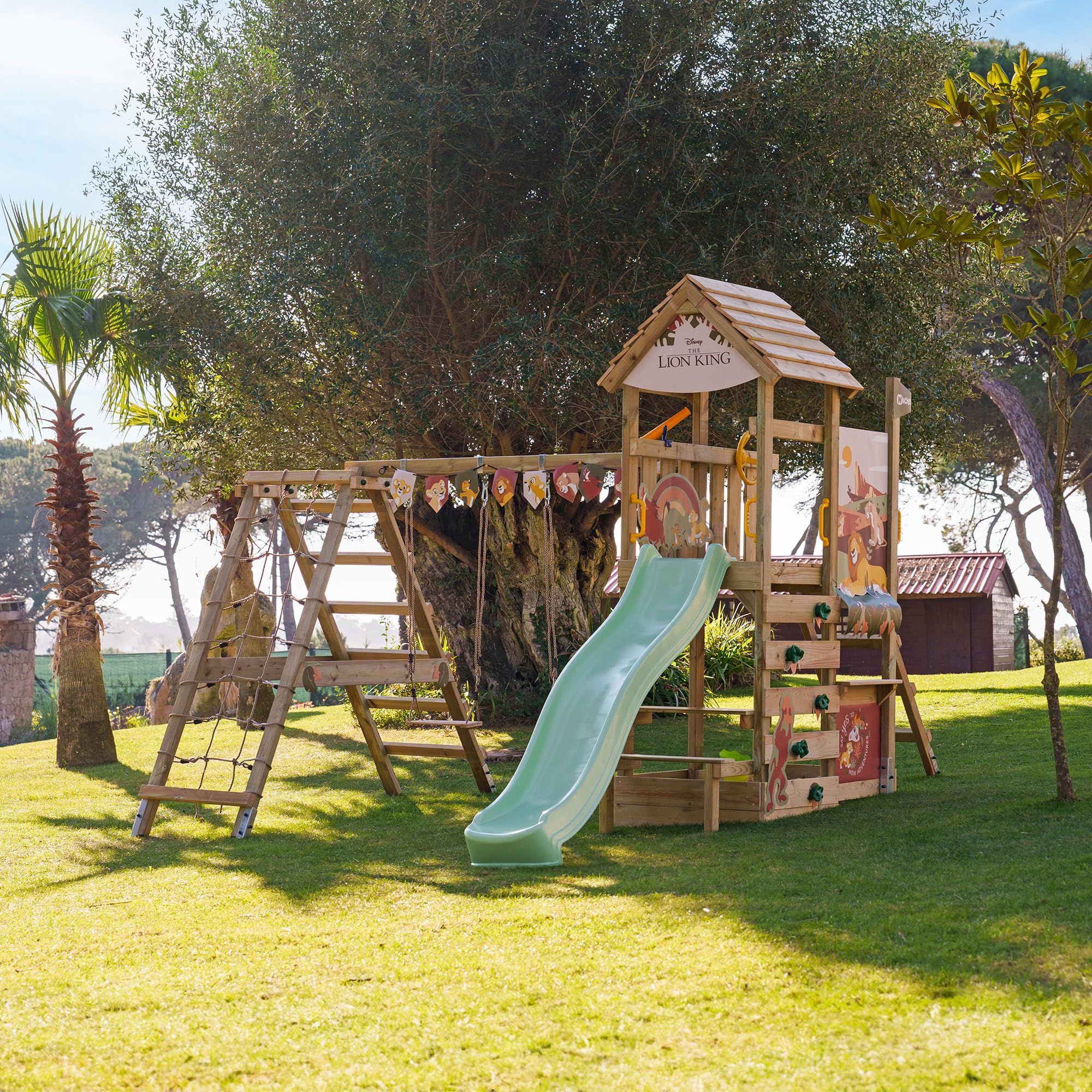 Disney's Il Re Leone Story Gioco da giardino di Wickey - Telaio per arrampicata, torre per arrampicata, giochi da giardino per bambini - parco giochi da giardino in legno per esterni con sabbiera