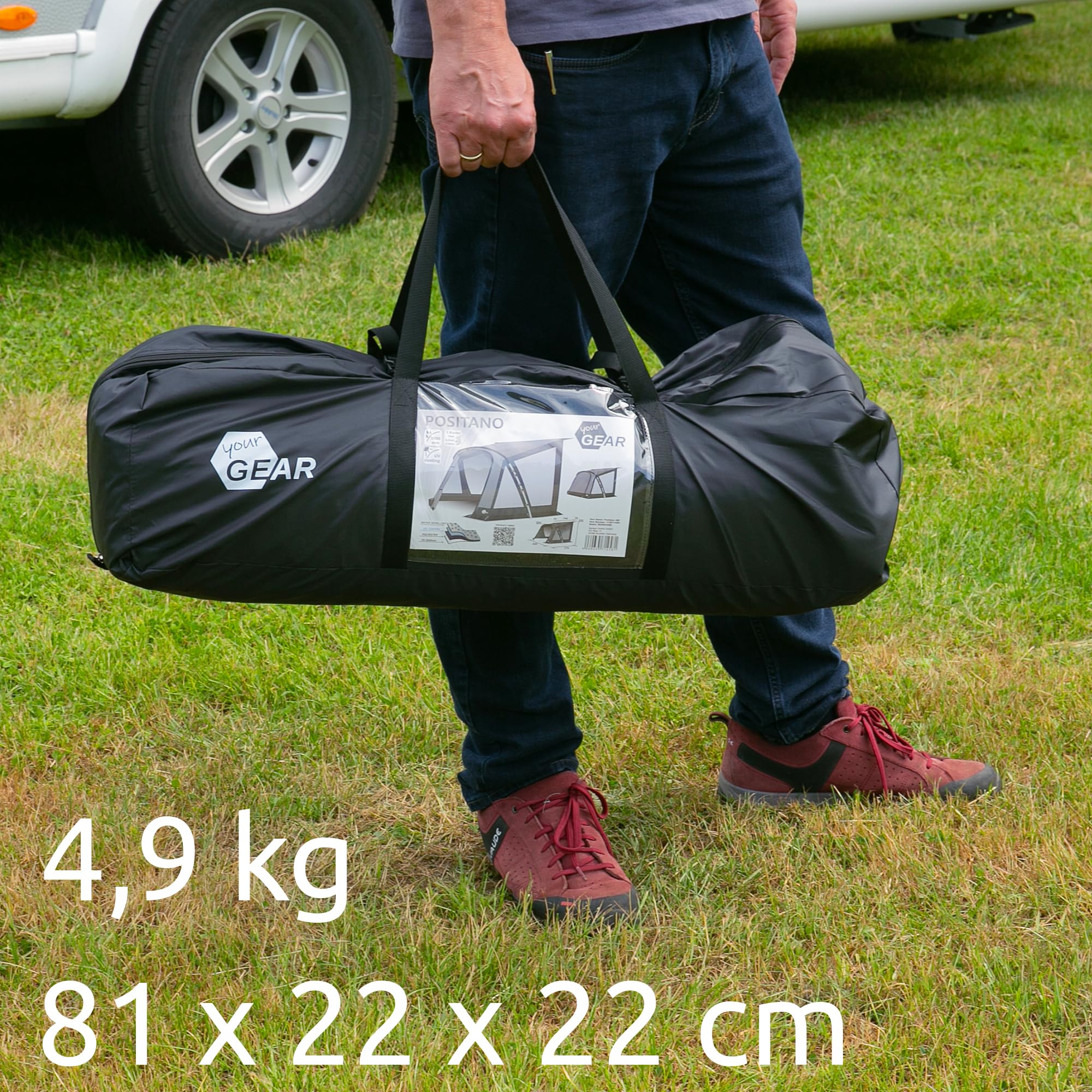 your GEAR Vorzelt Positano 330 oder 400 - Wohnwagenvorzelt mit 4 Fenstern und großer Tür. UV 50+ Caravan Zelt mit Alu Gestänge