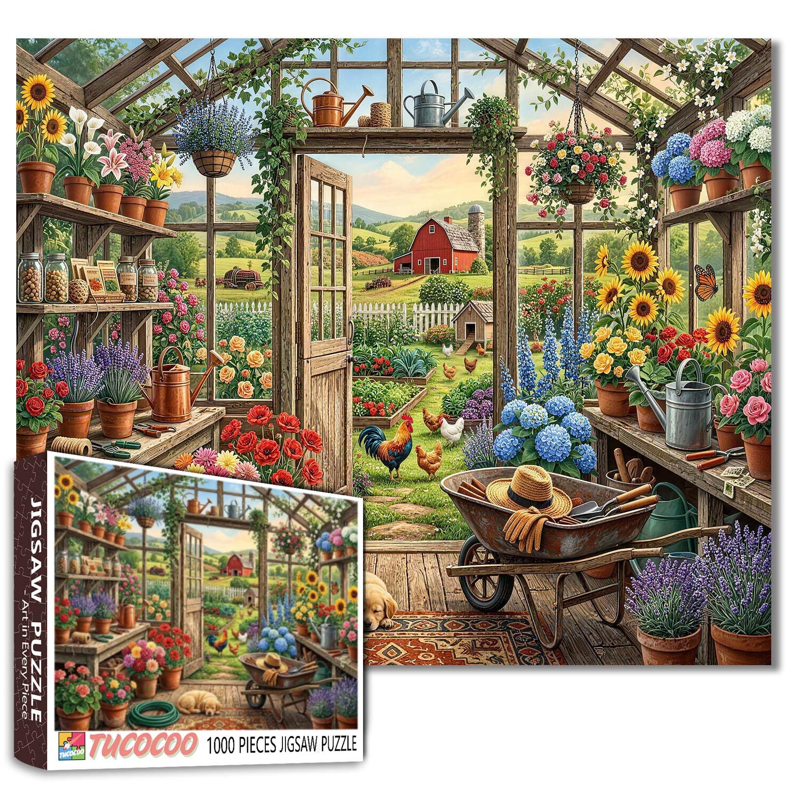 Greenhouse Garden Puzzle Flowers Plants Watering Cans Resting Dog Chicken Jigsaw Interior Scene 1000 Pieces for Adults Beginner Challenging Family Activity Games DIY Crafts for Home Decor Gifts โ image 1