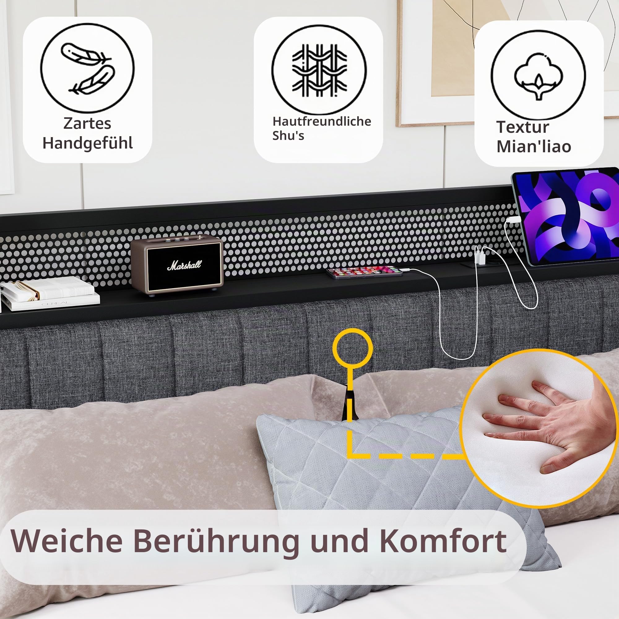 Bett 140x200 mit Metal Lattenrost,Bettgestell140x200 mit Kopfteil & Ladestation(2 AC-Steckdosen& 1 USB-Anschlüsse) Metallbett 140x200, Jugendbett, Doppelbett
