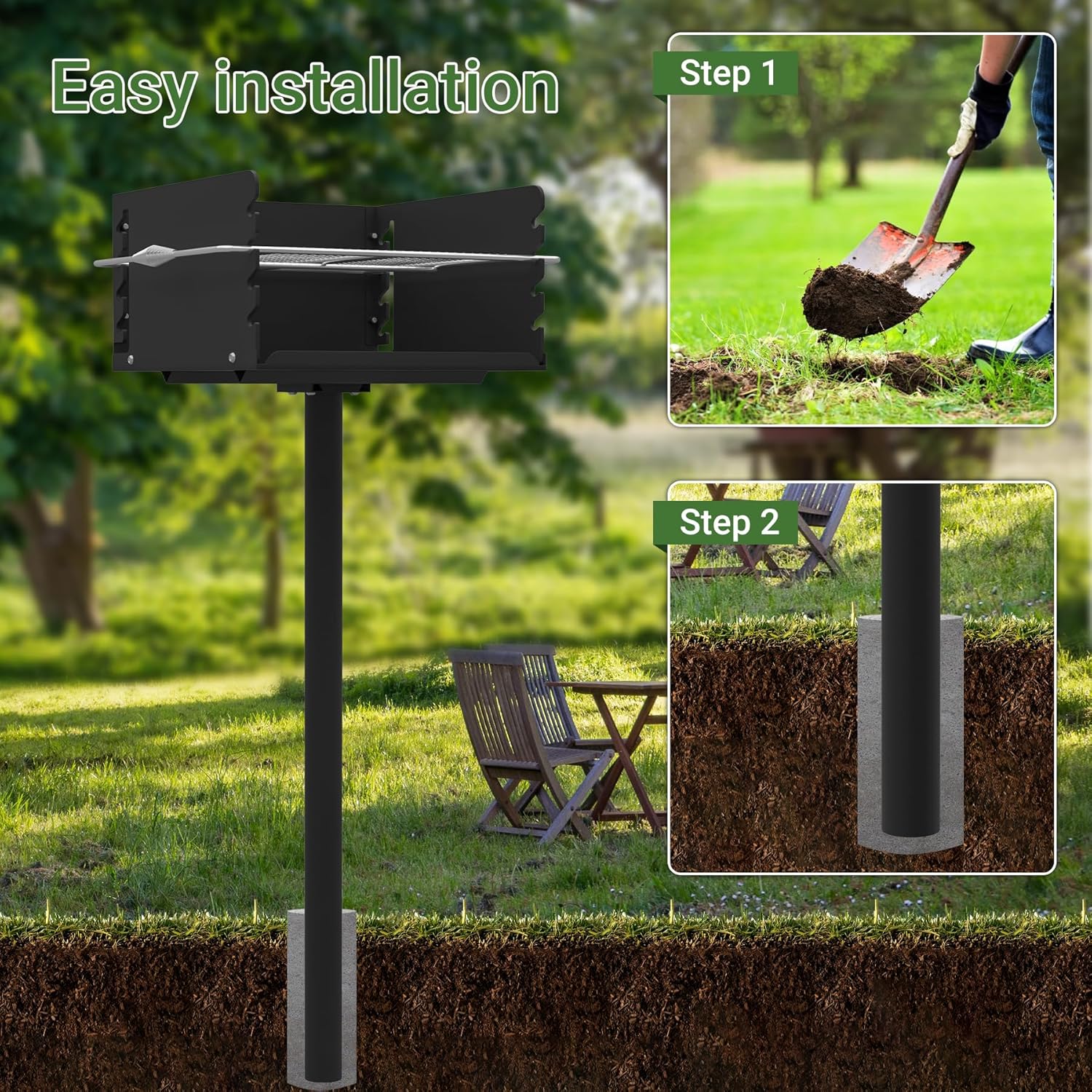 Park Style Charcoal Grill, Heavy Duty In Ground Park Grill with Stainless Steel Cooking Grate and Cover for Commercial and Outdoor Cooking 16'' L x 16'' W x 8'' H