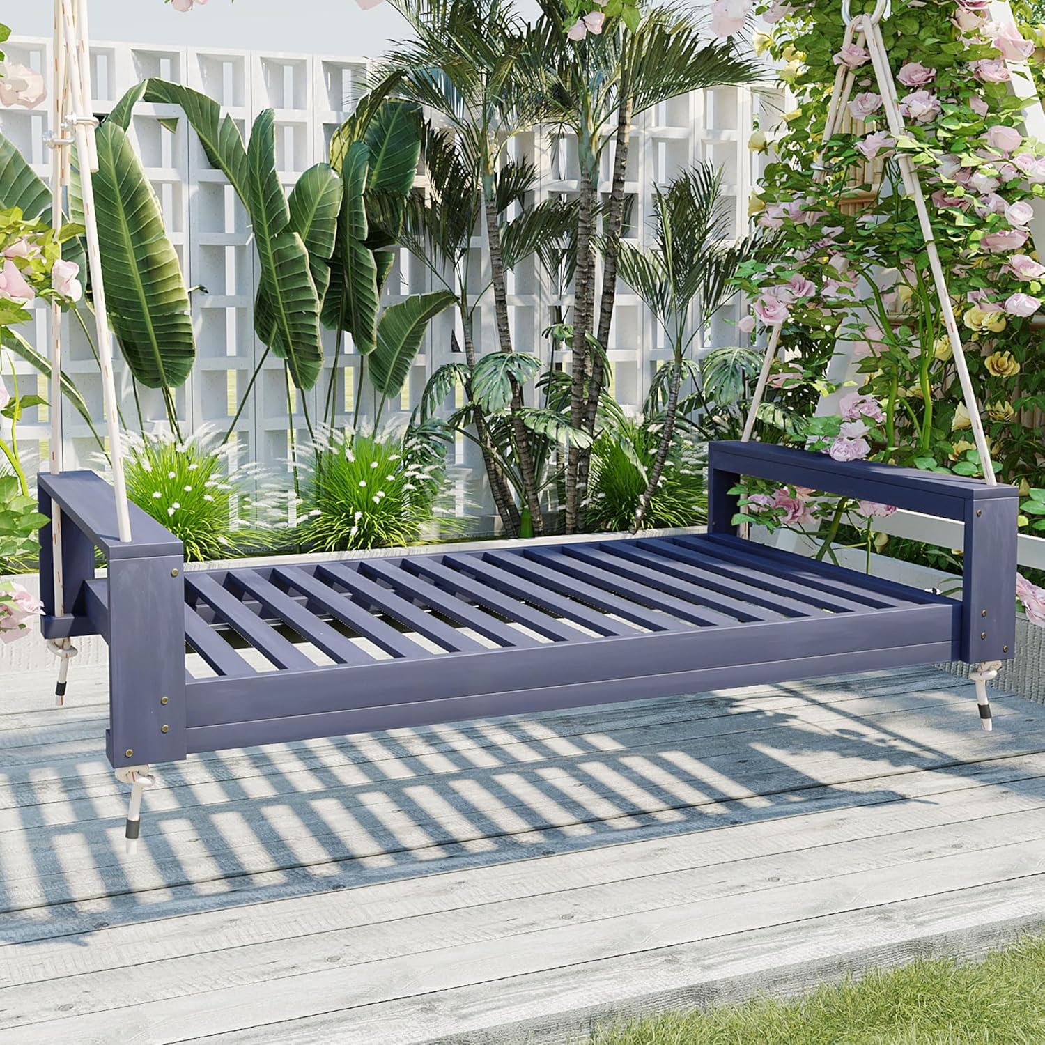 GDFStudio Cerny Twin Size Outdoor Porch Swing Bed, Wooden Hanging Swing Bed, Hanging Outdoor Swing Bench with Hemp Ropes for Patio Garden Backyard, Acacia Wood Swing Frame, Outdoor Furniture, Gray