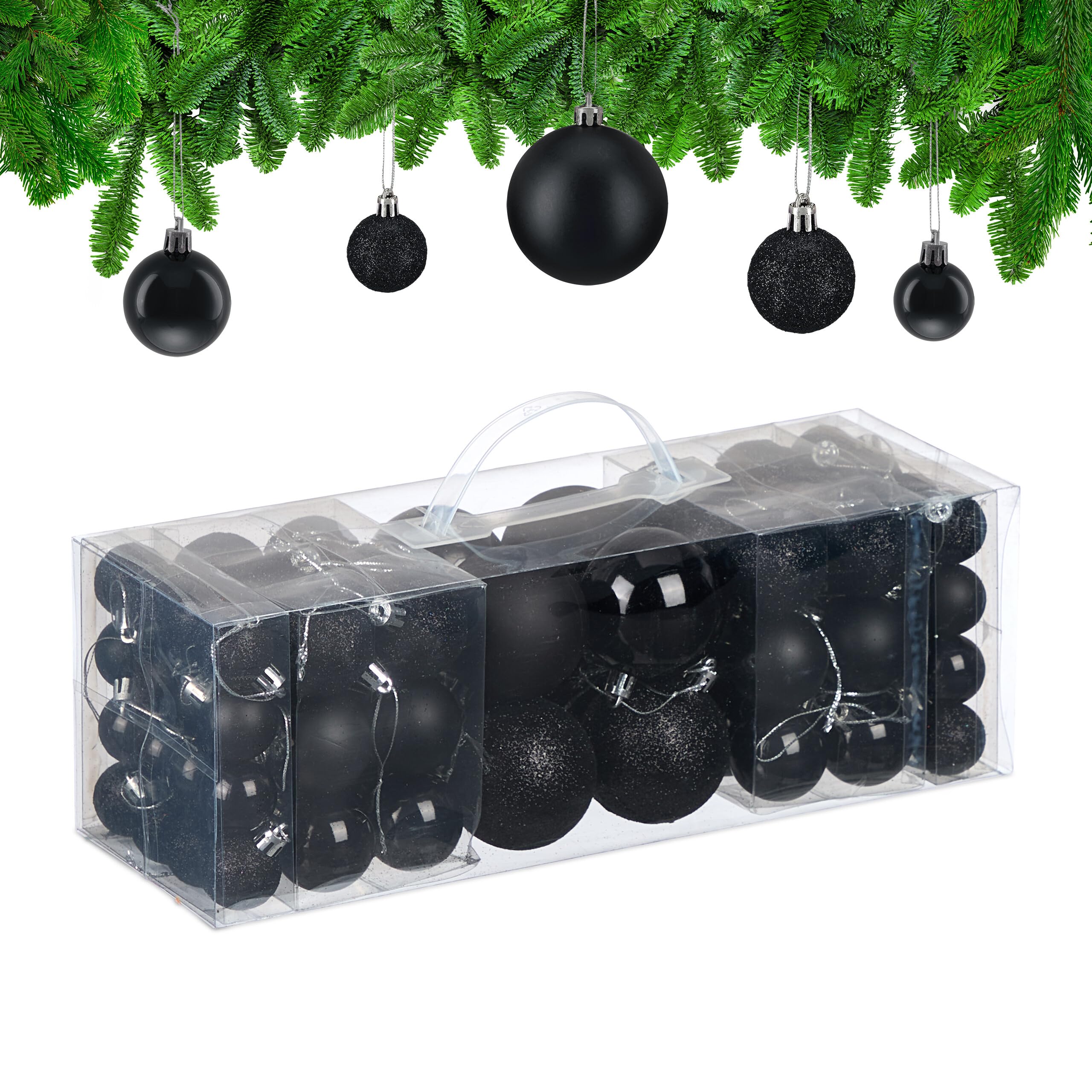 Relaxdays Palline di Natale, Set 76 Palle Albero, Addobbi Natalizi, Sfere in Plastica Opache, Lucide e Glitter, Nero