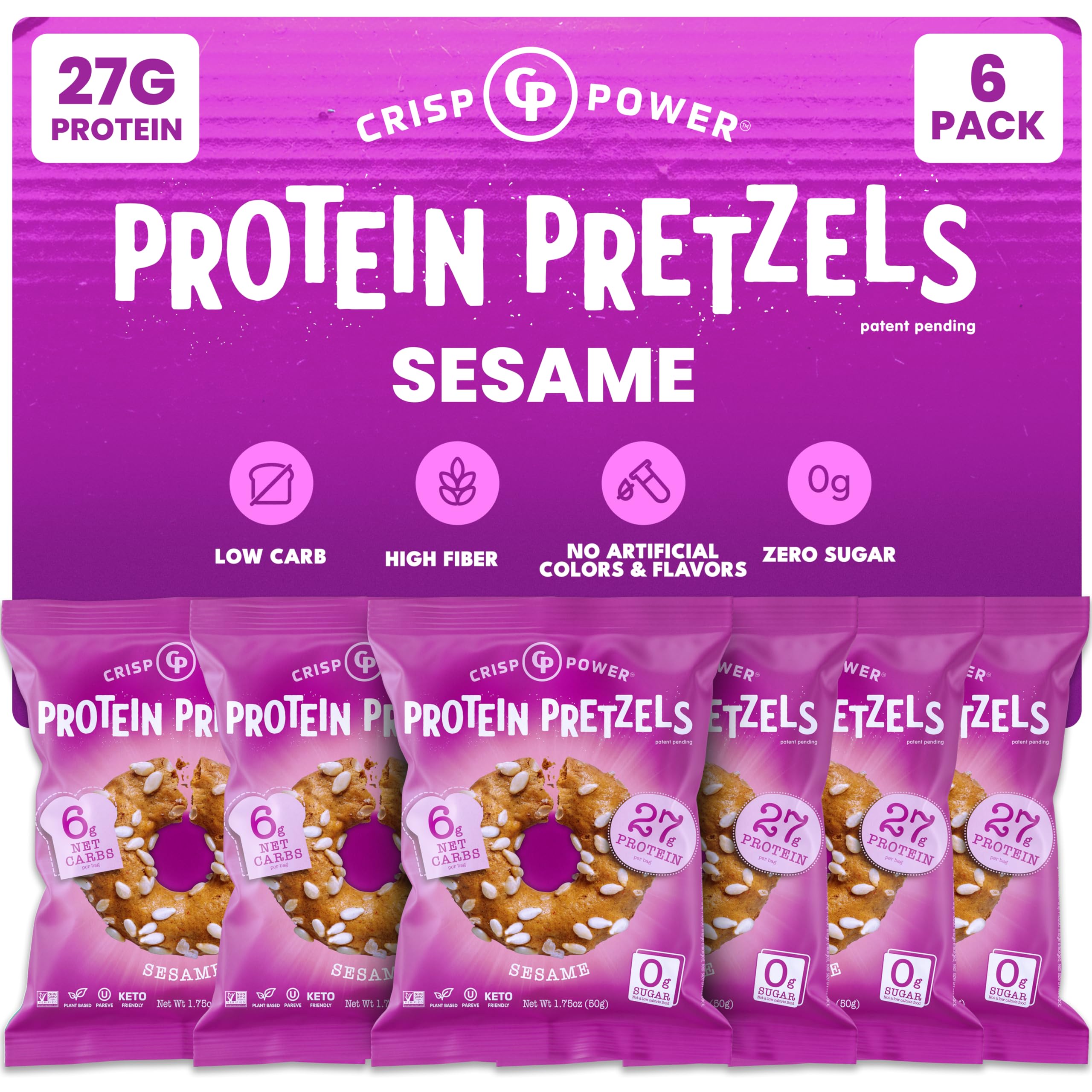 Crisp Power Protein Pretzels, Sesame, High Protein Vegan Keto Snack, 27 G Plant Based Protein, Low Carb Crunchy Pretzel Snacks, No Added Sugar, No Seed Oils, 1.75 oz Bags, 6 Pack