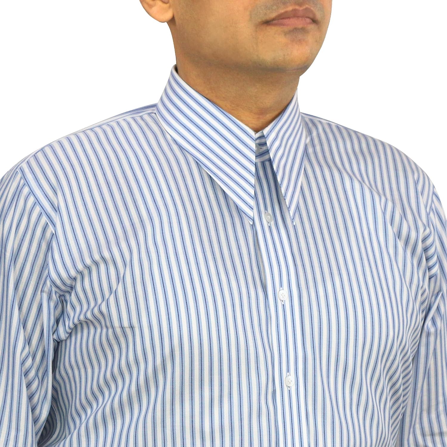 John Clothier Spear Point Long Collar Cotton Shirt Blue White Stripes Retro 1900's Era Formal Men's Wear