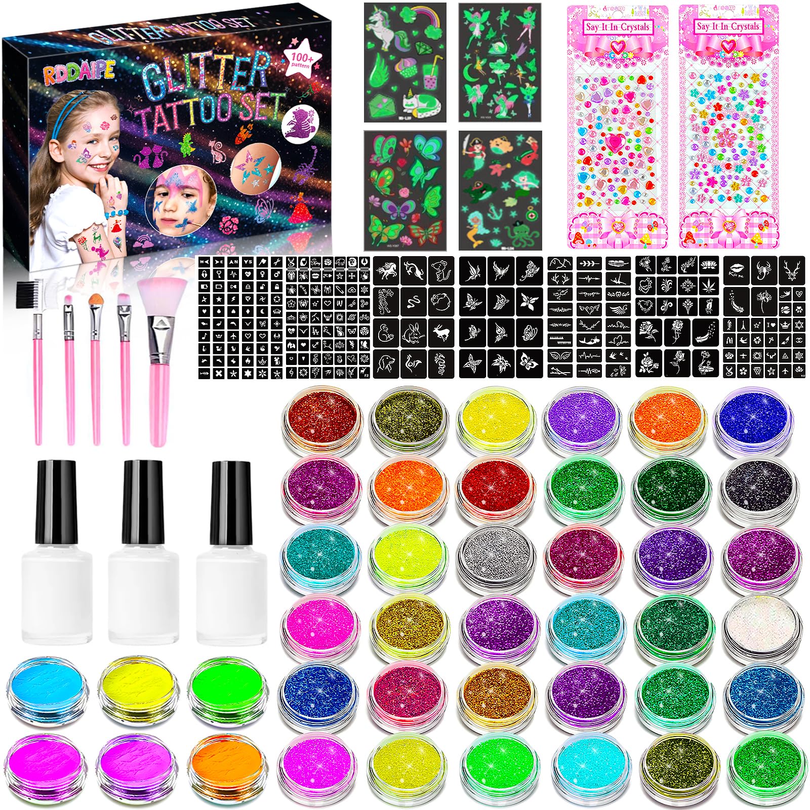 RDDAIPE Kit de Tatuajes de Purpurina Temporales Luminosos, 42 Colores Kit Tatuaje Purpurina, Kit Tatuajes Niñas,219 Plantillas,4 Luminosos Tatuajes,Niñas Cumpleaños Carnaval Halloween Navidad Regalo