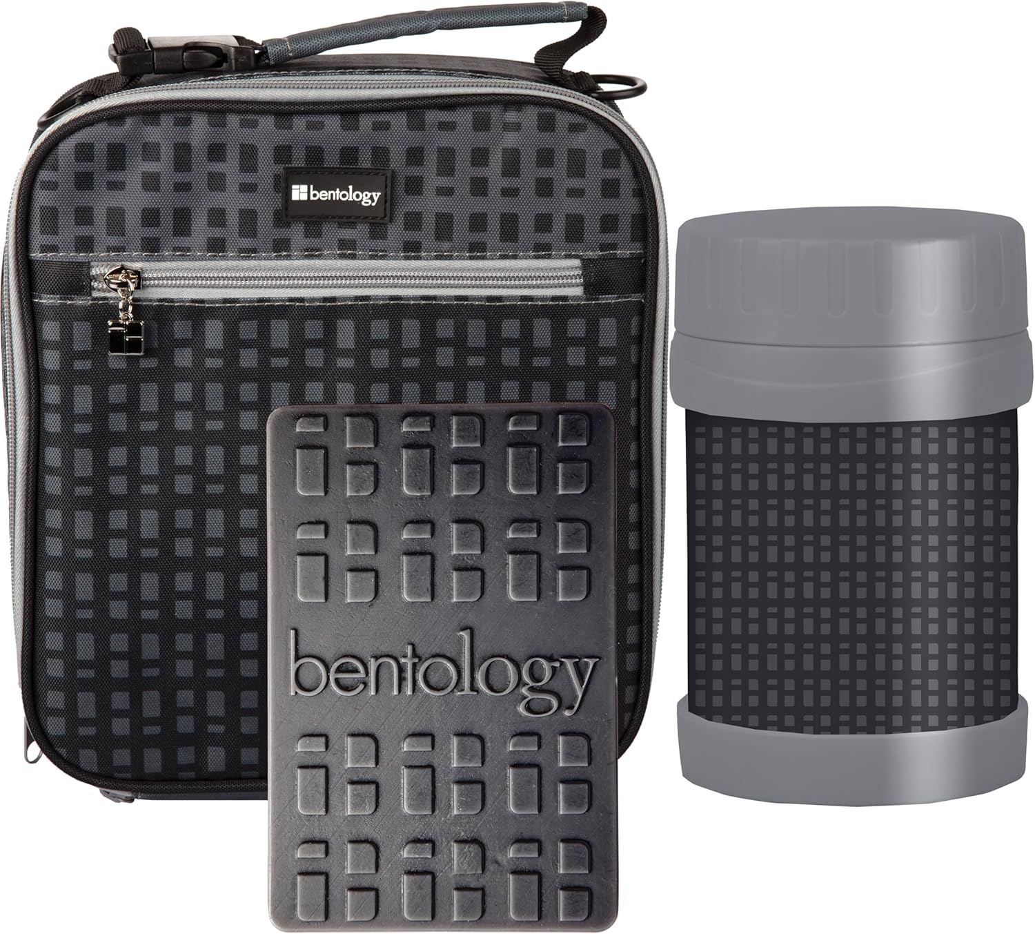 Kids Complete Black Checker Lunch Box Kit- Insulated Soft Bag Sleeve, Convertible Tote Strap for Kids, 13oz Food Jar & Reusable Hard Ice Pack -Keeps Food Hot or Cold for Hours-Back to School Essential