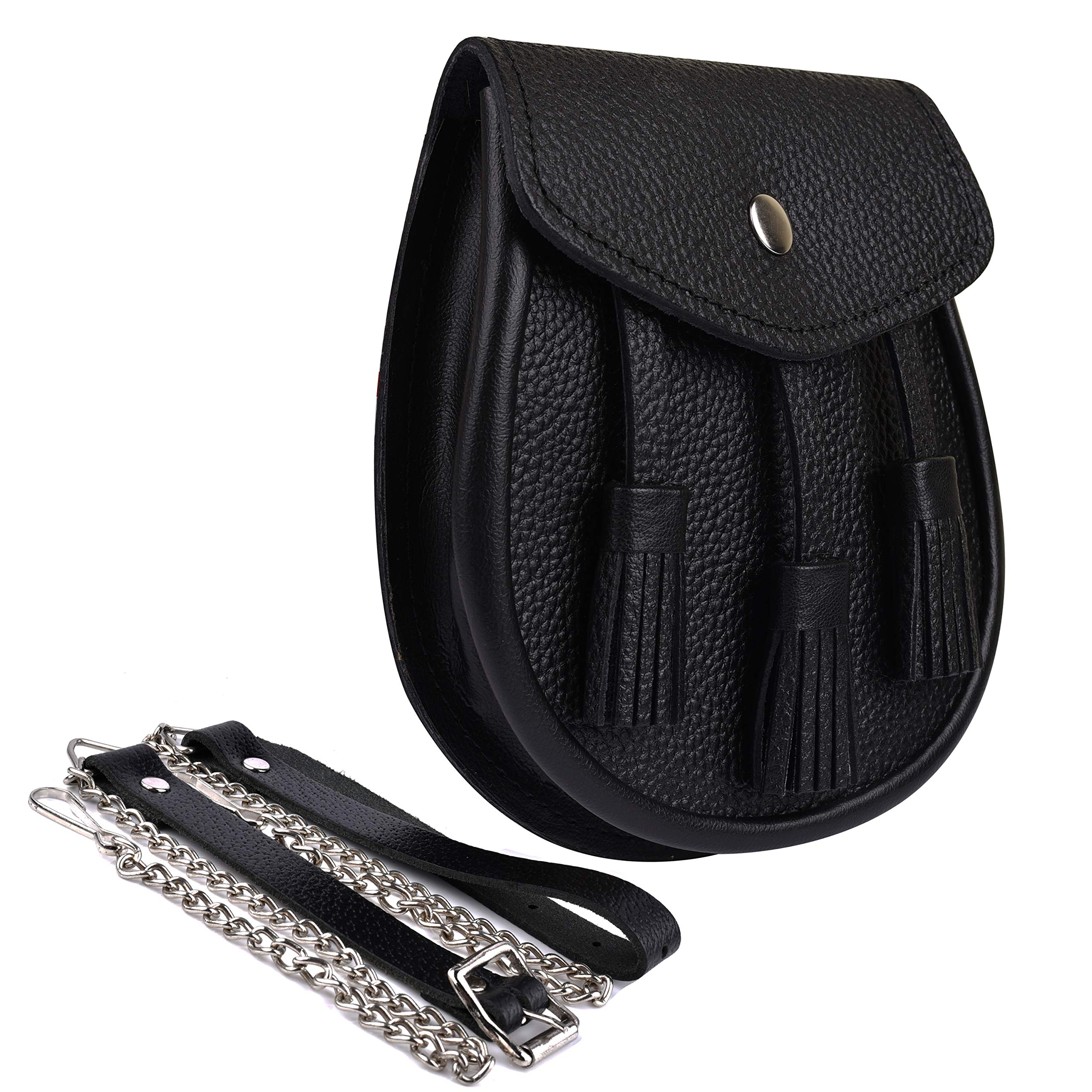 DSS KILTS Scottish 100% Original Leather Sporran with Leather Belt & Chain (Plain Black Leather with Three Tassels) 7