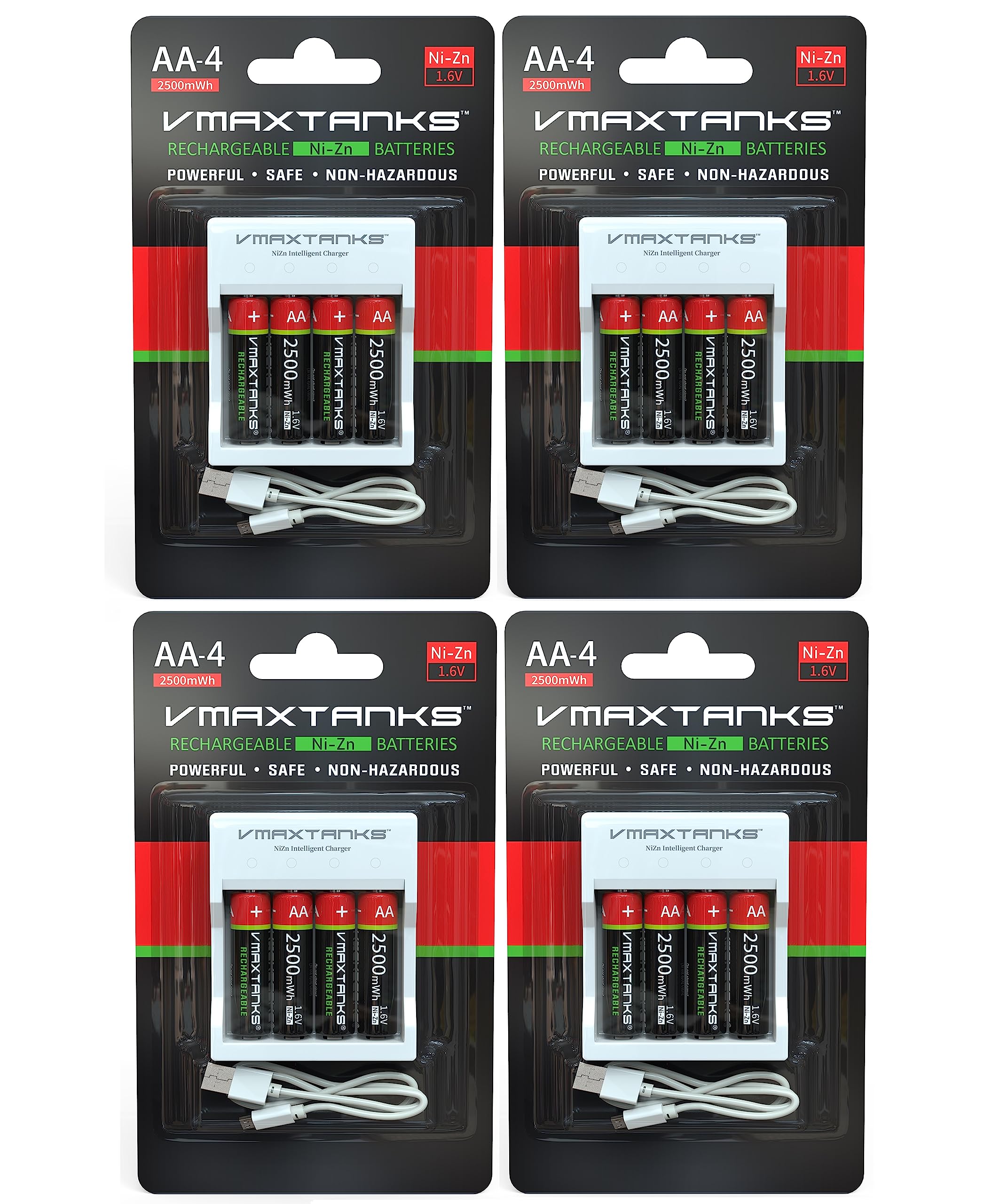VMAX AA-4CH Ni-Zn Rechargeable AA 4 Pack Batteries for High Drain Devices + Charger 1.6V 2500mWh + Storage Case (4 Packs of (4))