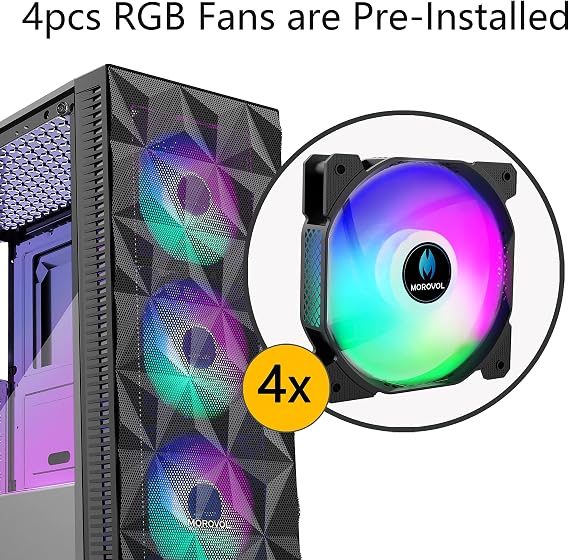 MOROVOL PC Case Pre-Install 4 RGB Fans, ATX Gaming Computer Case with Diamond-Shaped Mesh Front & Tempered Glass Side Panel, USB 3.0 Airflow Mid Tower case,621