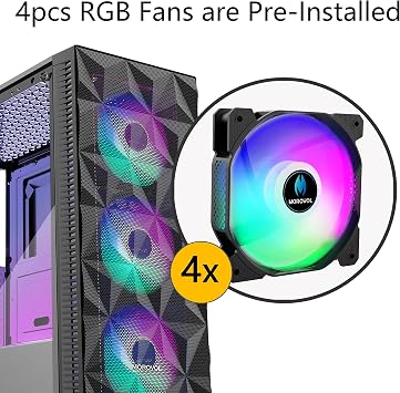 MOROVOL PC Case Pre-Install 4 RGB Fans, ATX Gaming Computer Case with Diamond-Shaped Mesh Front & Tempered Glass Side Panel, USB 3.0 Airflow Mid Tower case,621