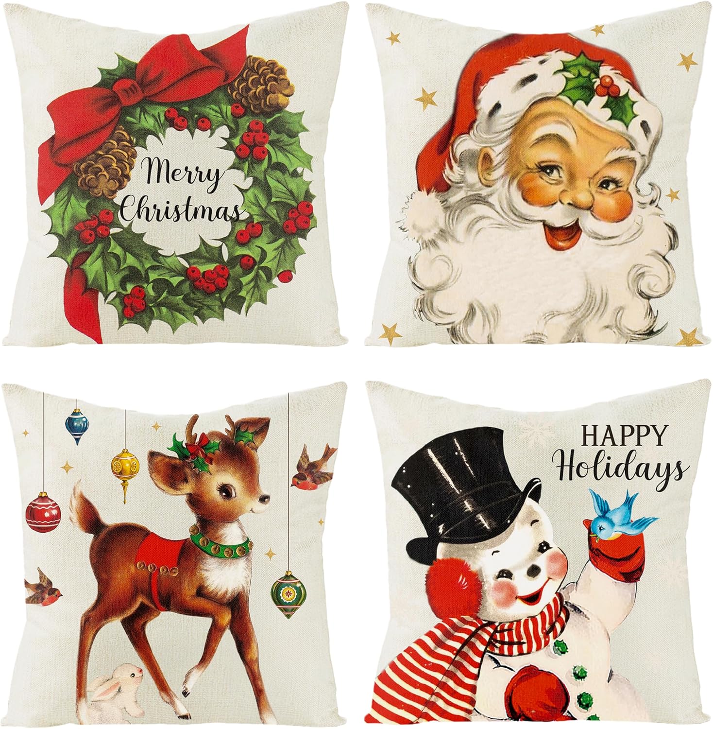 K1tpde 4PCS Vintage Christmas Pillow Covers, 16x16 in Set