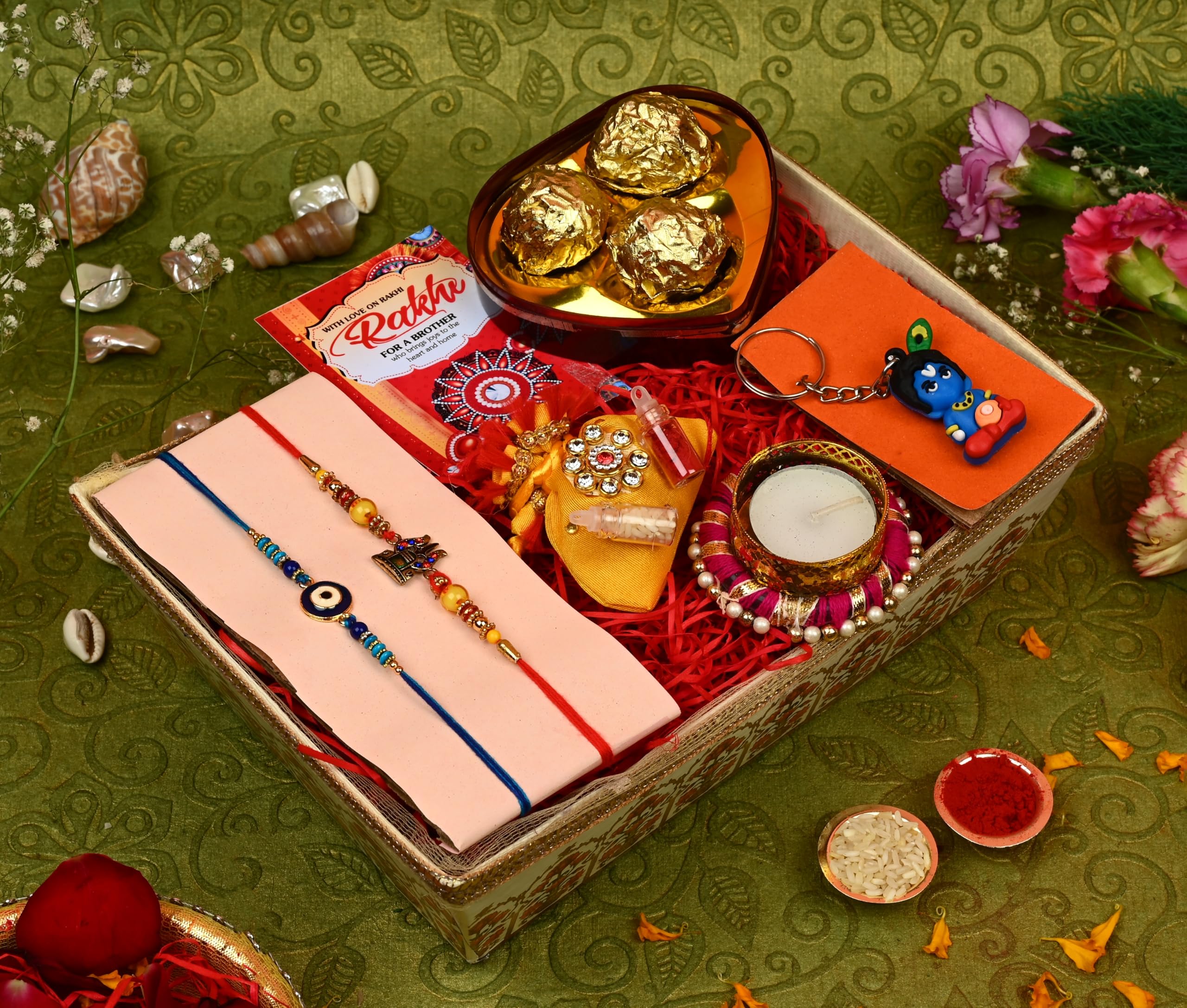 Rakhi set for brother with gift/Rakhi for brother with gift combo -Hamper+2pcs of designer rakhi+box of chocolates+potli with roli chawal+designer diya with tealight+cute keychain+rakhi card-image-10