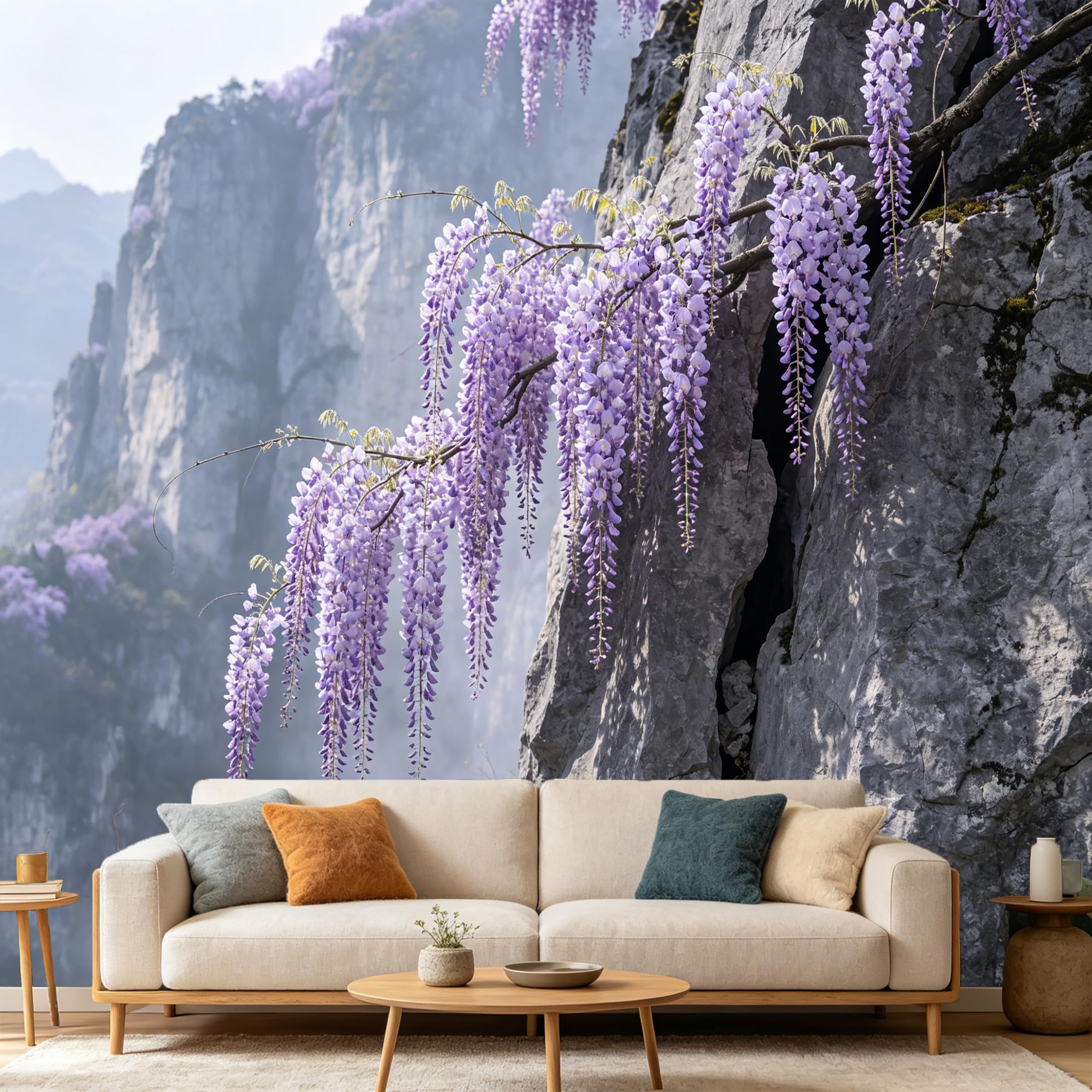Custom Size Wall Mural Purple Wisteria Flower Mountain Cliff Landscape Botanical Nature Scenery SelfAdhesive Art Prints wall Fabric（No PVC） Removable Wallpaper Home Bedroom Decor