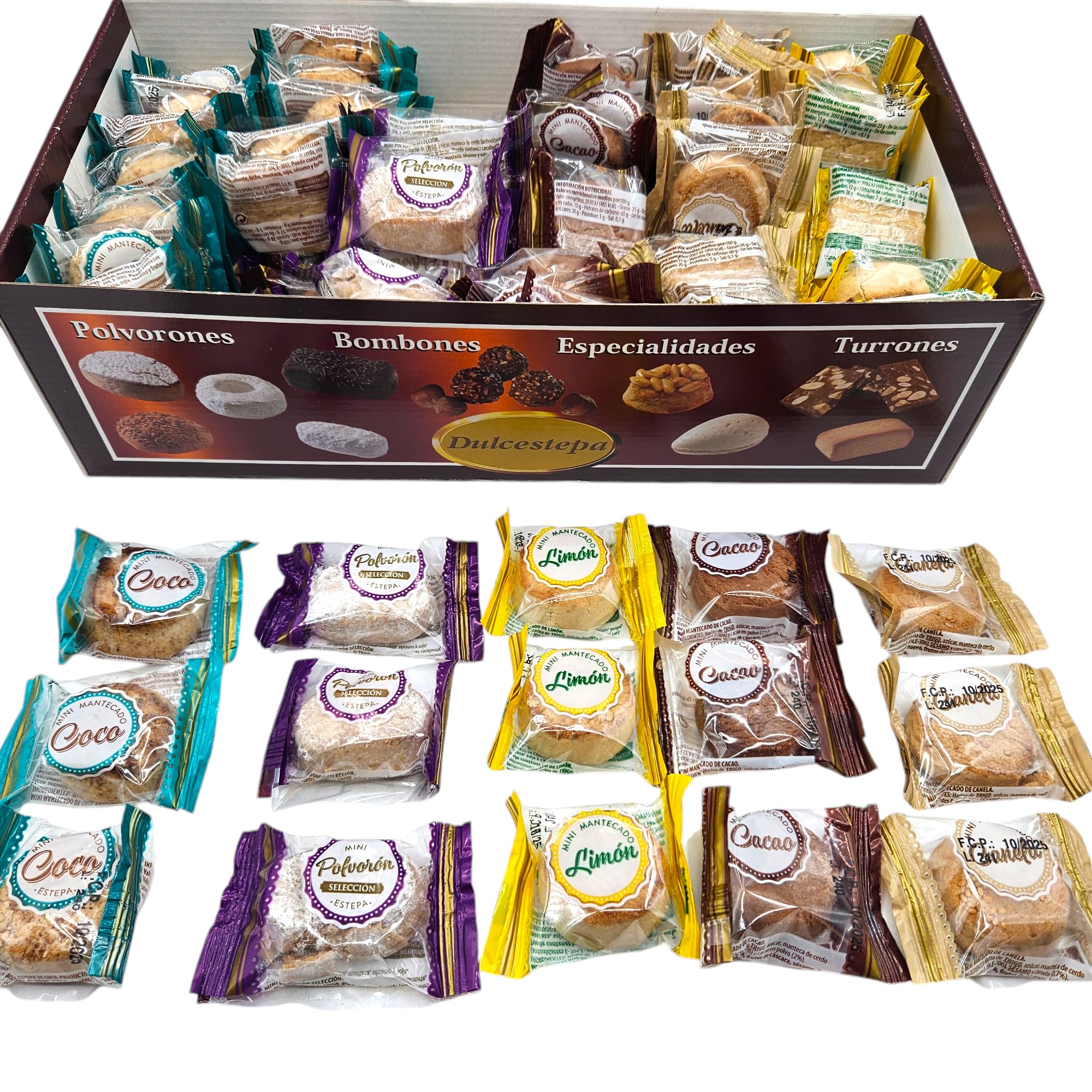 Polvorones Mini Surtidos DulceEstepa - Calidad Extra - 2,5 Kilos - Polvorón Coco - Polvorón Limon - Polvorón Chocolate - Polvorón Selección - Polvorón Canela - Mini Polvorones