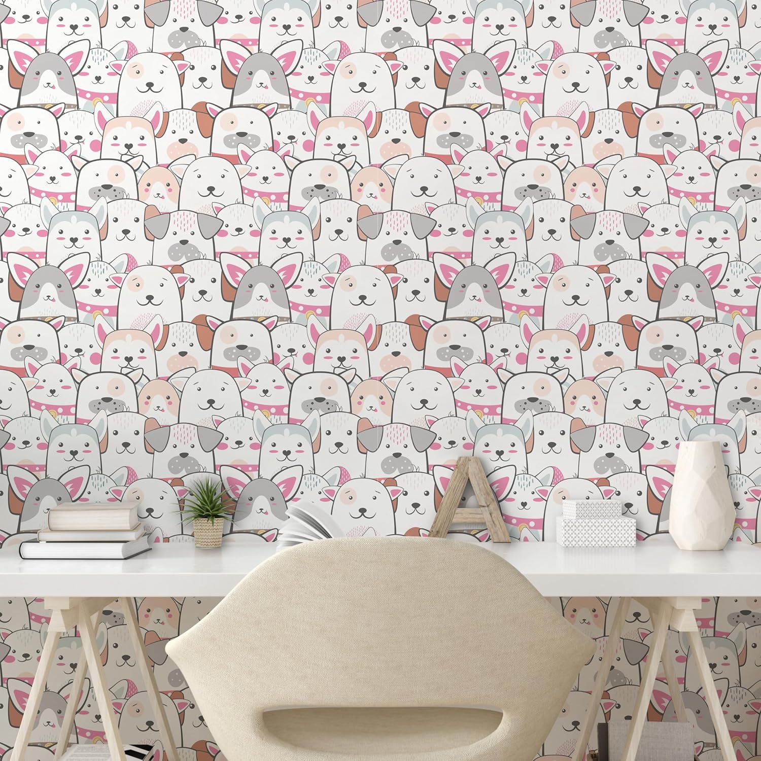 Ambesonne Dogs Peel & Stick Wallpaper for Home, Funny Animal Portraits with Smiles on Their Faces Cartoon Puppies Kawaii, Self-Adhesive Living Room Kitchen Accent, 13" x 100", Pink Grey and White