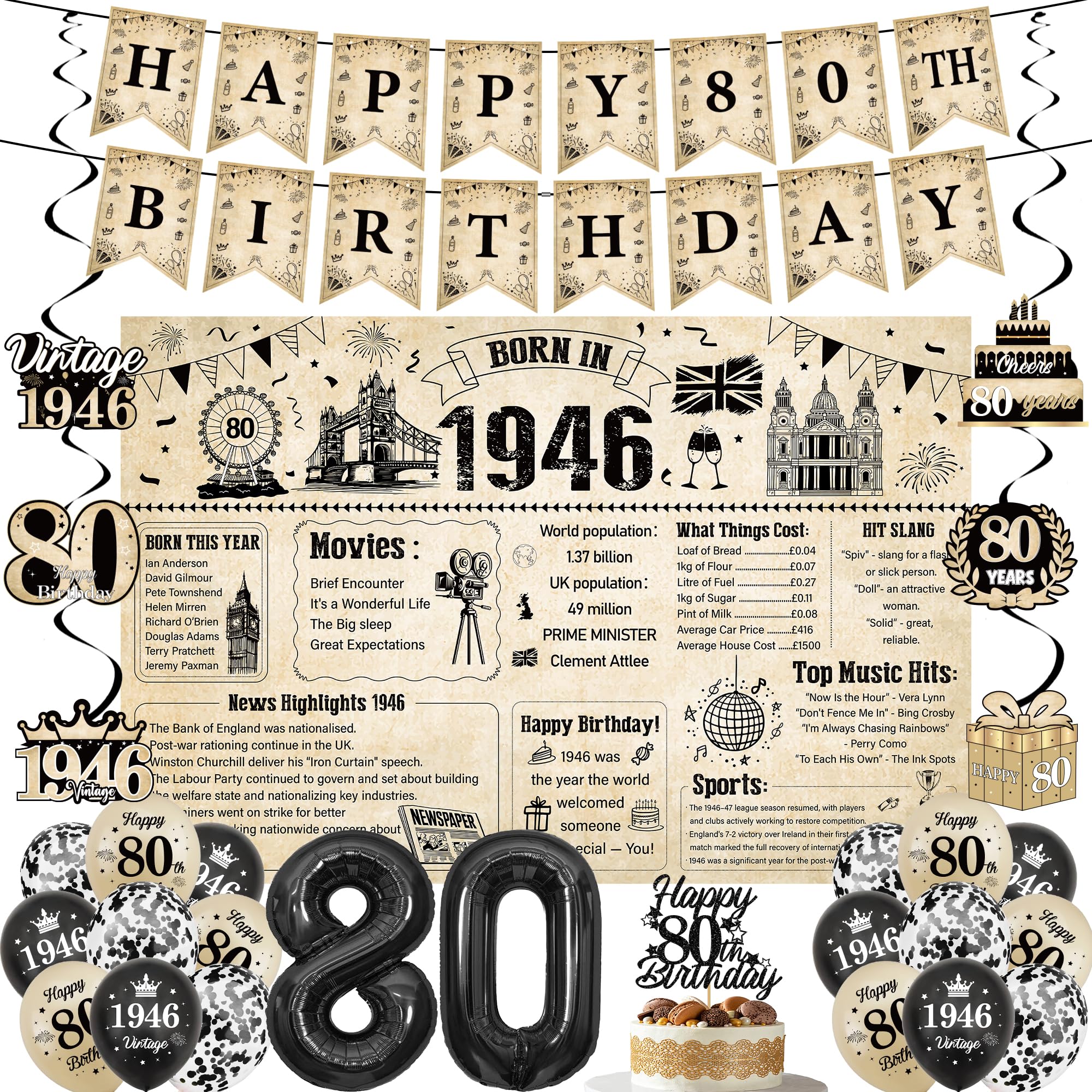 80th Birthday Decorations Men Women - 30 Pcs Born In 1946 UK Vintage Happy 80 Years Old Birthday Backdrop, Banner, Number 80 Balloons and Hanging Swirls for 80th Party Supplies