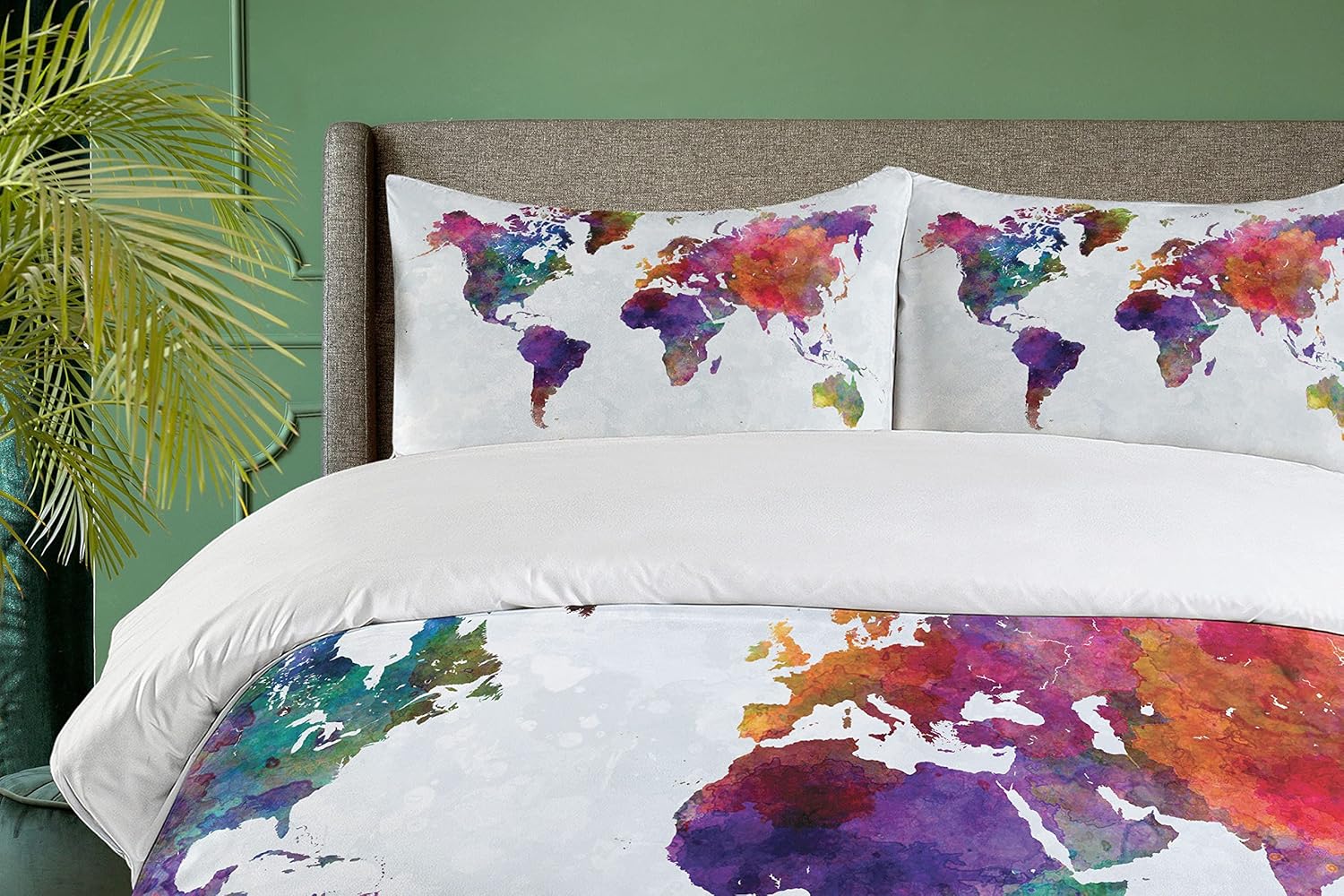 Ambesonne Watercolor Duvet Cover Set, Multicolored Hand Drawn World Map Asia Europe Africa America Geography Print, Decorative 3 Piece Bedding Set with 2 Pillow Shams, Queen Size, Gray Purple Queen Gray Purple