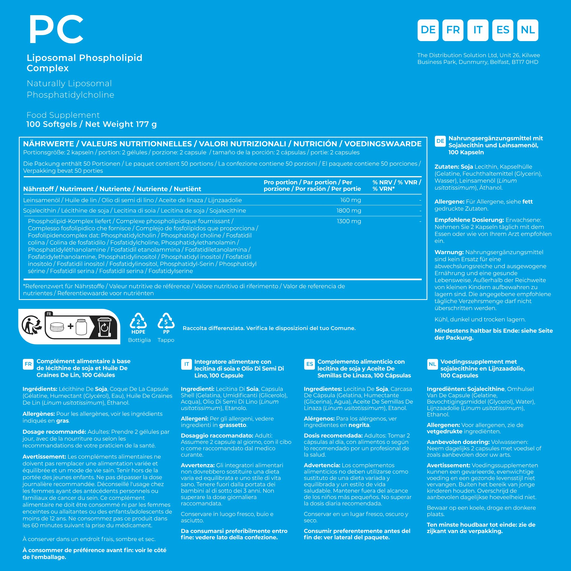 BodyBio PC - Complexe de Phospholipides avec Phosphatidylserine - Clarté Mentale, Memoire et Concentration - Complement Alimentaire Cerveau et Détox Douce - 100 Gélules