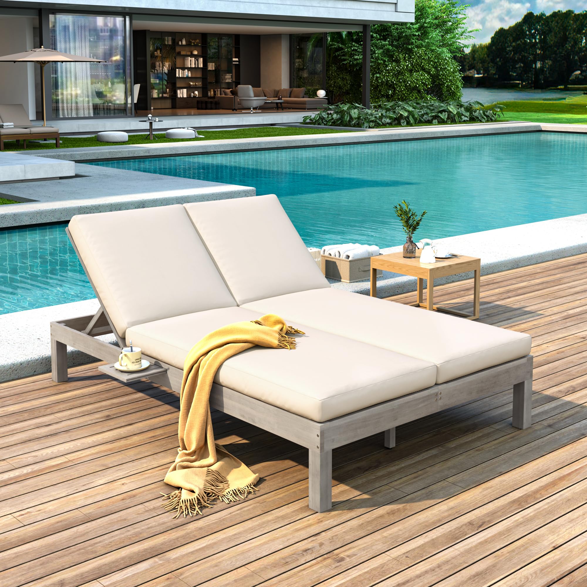 Acacia Wood Outdoor Patio Daybed Sunbed with 5-Position Adjustable  Backrest, All Weather Double Chaise Lounge with Cushion and Folding Side  Trays