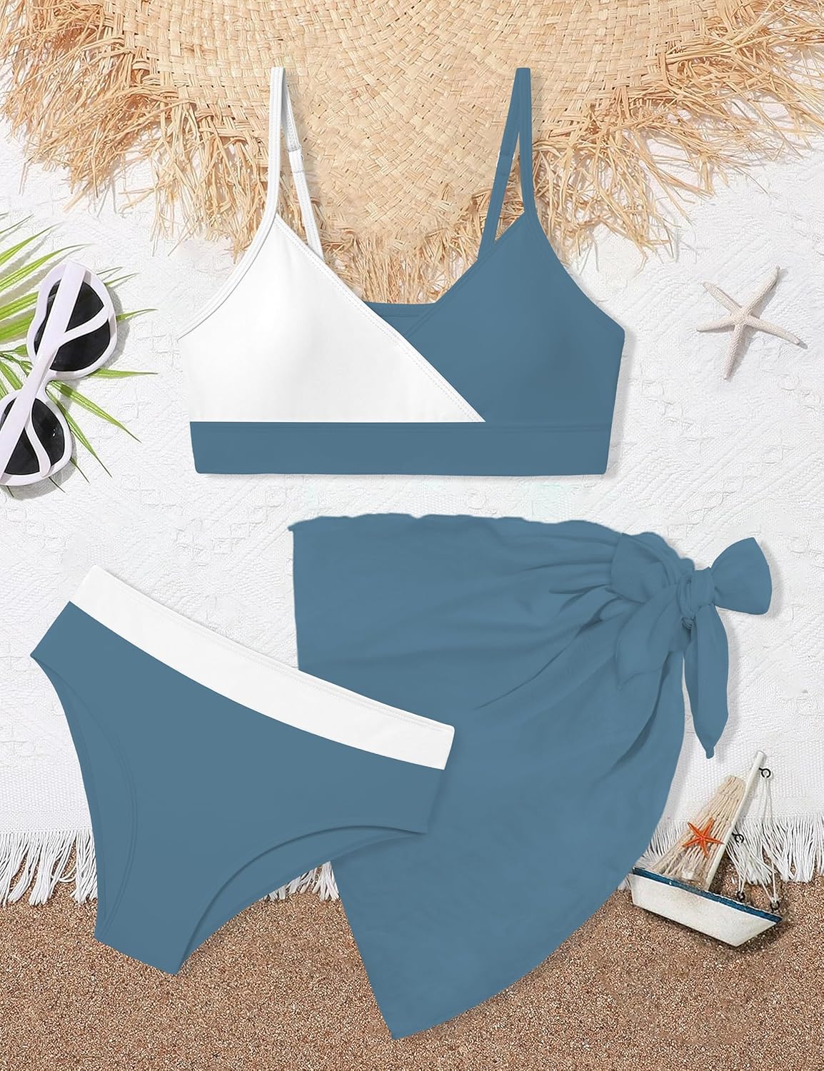 Girls Swimsuit V Neck Bikini Set Color Block with Cover Up 3Pcs Bathing Suits - Image 5