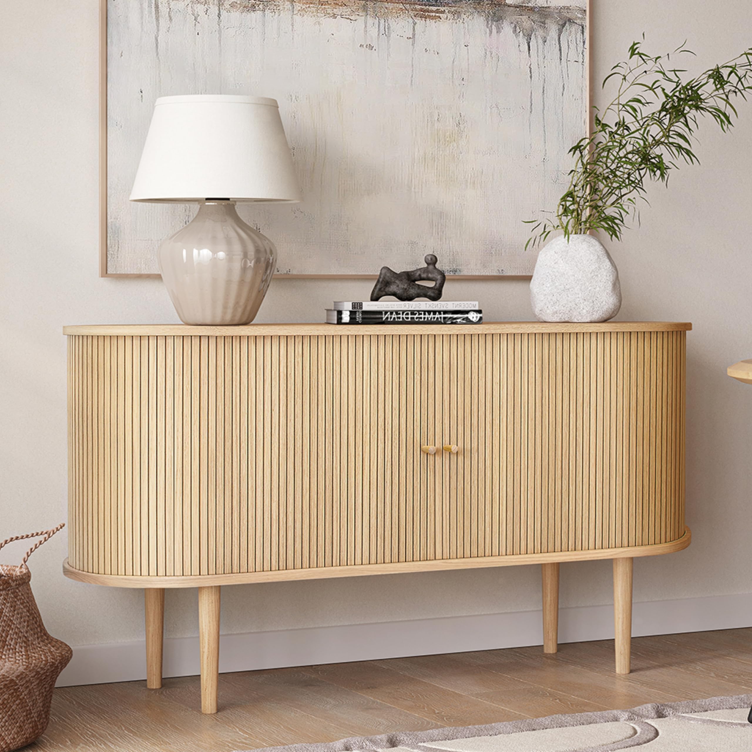 WERMO 55'' Sideboard Storage Cabinet with Doors and Shelves - Wood Credenza for Living Room, Bedroom, Entryway and Home Office Cabinet. Kitchen Buffet, Modern Media Console Table with Storage (Oak)