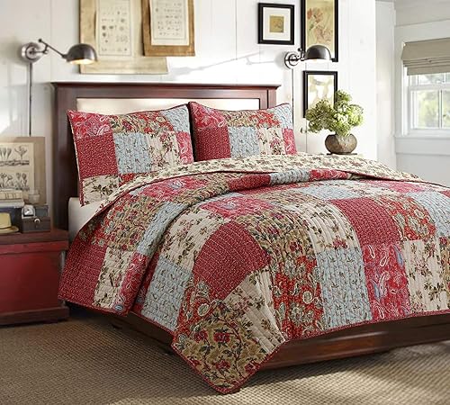 Vista 129 de Cozy Line Home Fashions - Juego de ropa de cama, edredón reversible 100% algodón, diseño floral campestre, tela de retazos, a cuadros, color rojo