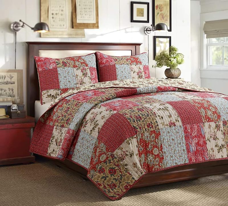 Cozy Line Home Fashions 100% Cotton Hand Piecing Real Patchwork Red Teal Khaki Floral Country Reversible Coverlet Bedspread Quilt Bedding Set for All Seasons (Red Aqua, Queen - 3 piece)
