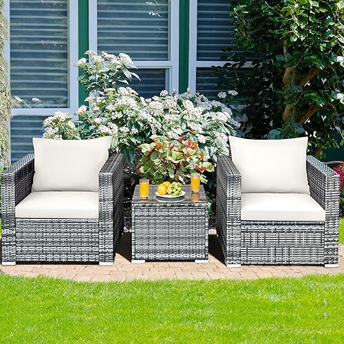 Miniatura 3 de HAPPYGRILL Juego de 3 piezas de sofá de mimbre de ratán al aire libre con mesa auxiliar, juego de muebles de patio con cojines suaves para balcón,