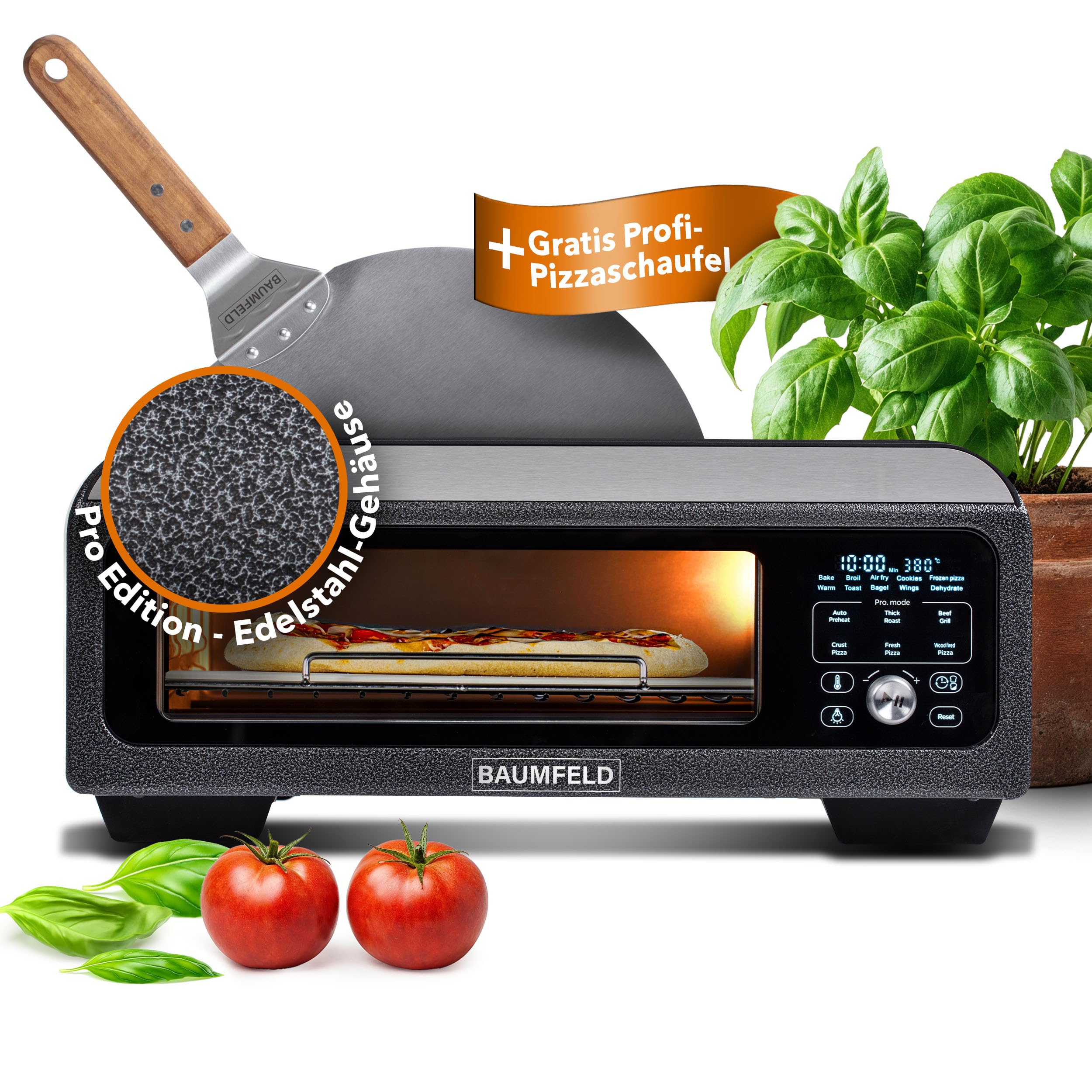 PizzaAirfryer400 Pro - 12 in 1 Multifunktionsofen, Pizzaofen, 400 °C, tragbar, Grillen, Pizza, Air Fryer, Backen, XXL Zubehör, Indoor, Steinofenplatte, Gusseisenblech