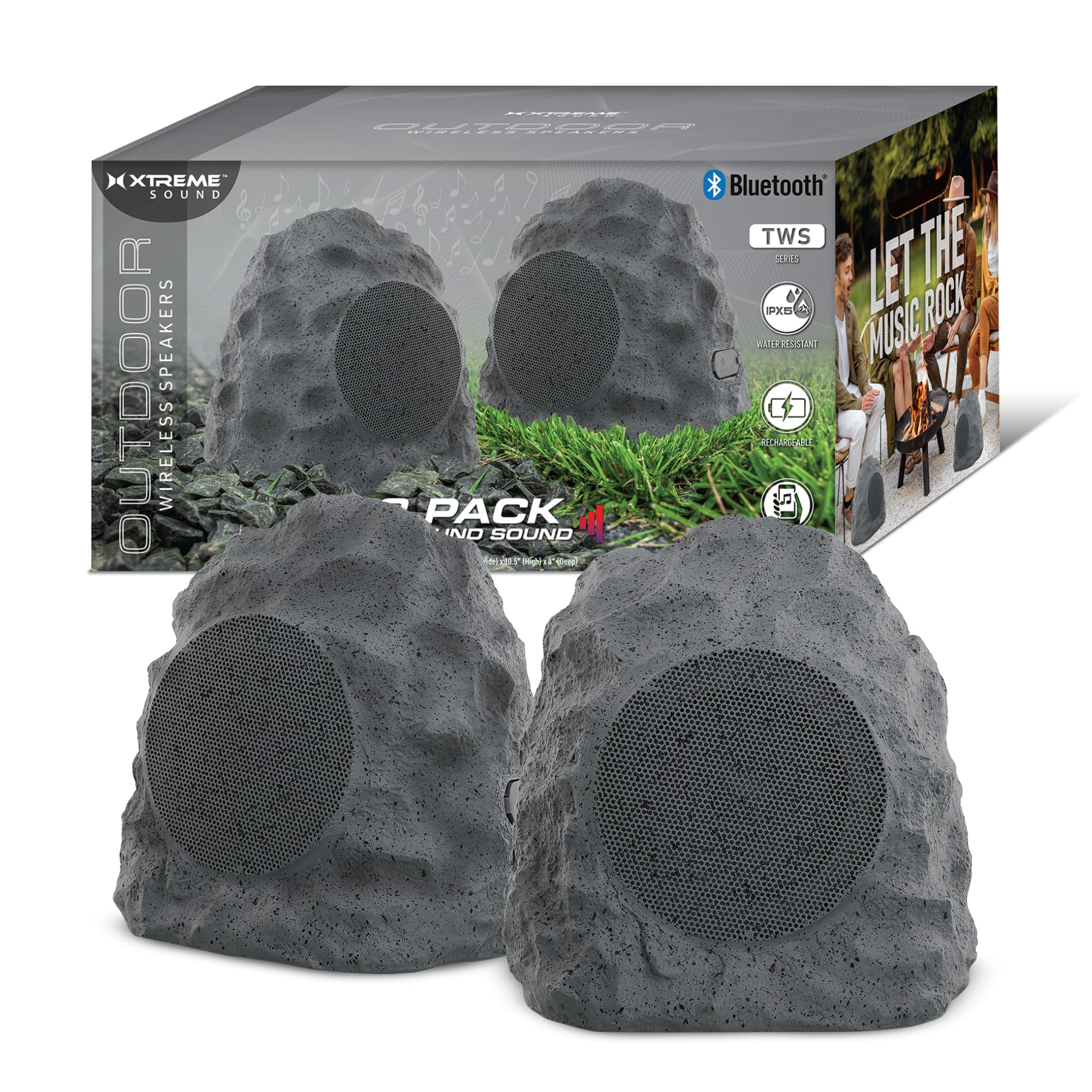 Xtreme Rock Speakers Outdoor Waterproof 2 Pack - IPX5 Water-Resistant Speaker with True Wireless Stereo - 33ft Range, Aux Port, Rechargeable Battery - Outdoor Speakers Bluetooth Waterproof Patio Use