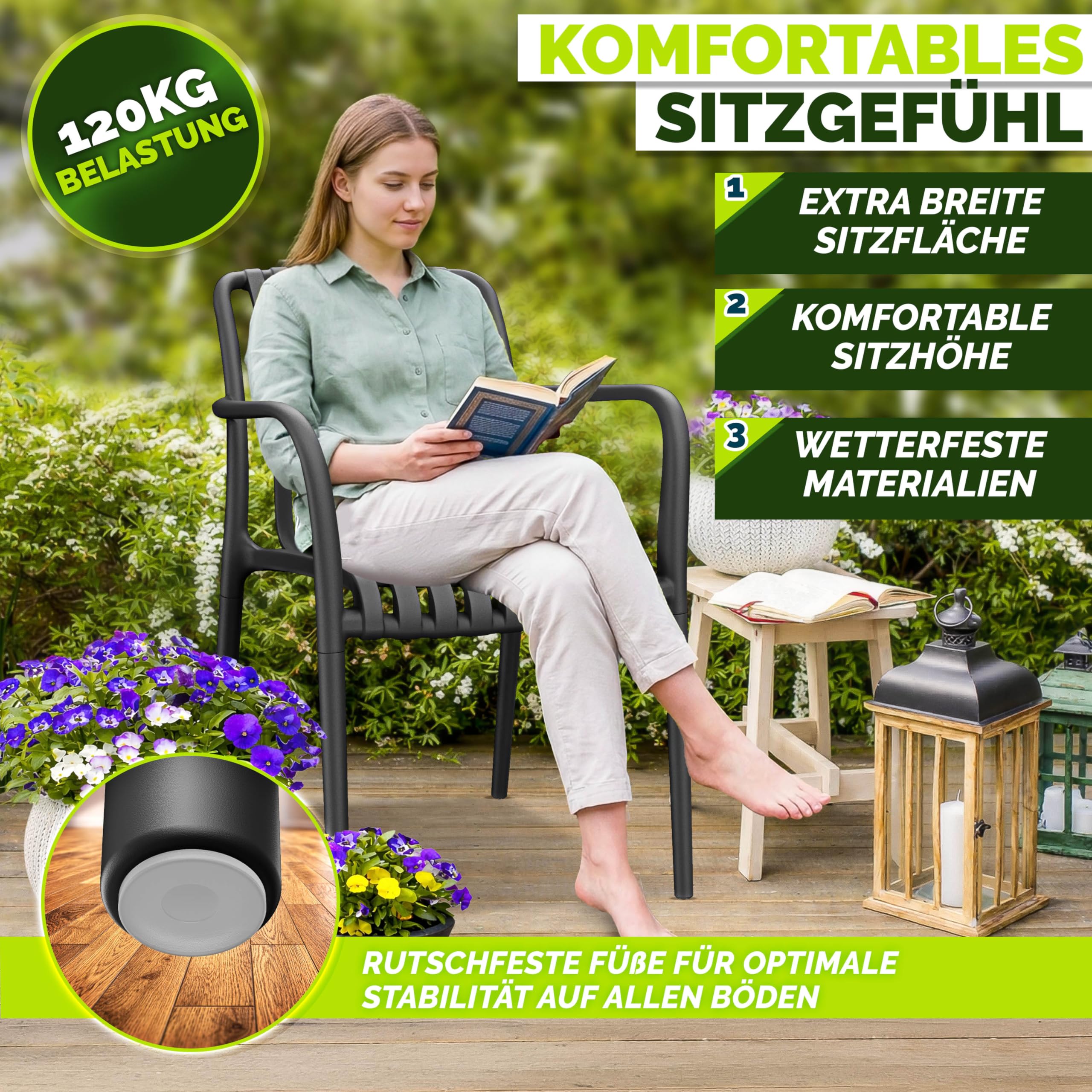 tillvex® Gartenstühle 4er Set Stapelbar Wetterfest mit Armlehne | Outdoor Stühle bis 120kg belastbar | Gartenstühle Outdoor | Terrassenstuhl Gartenmöbel Balkon Garten Terrasse