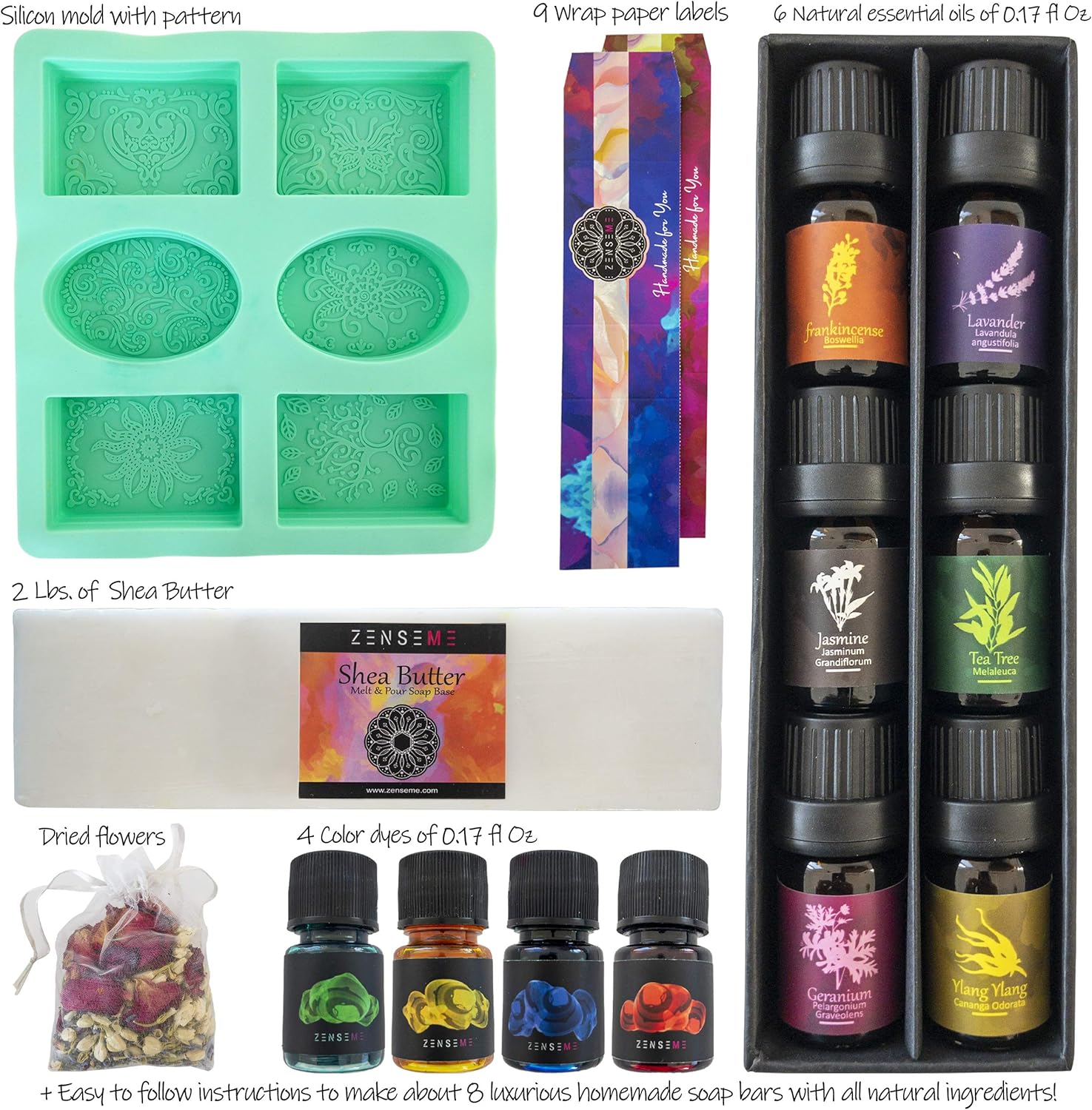 Soap Making Kit for Adults, Make Your Own Soap with Melt and Pour diy Natural Soap Making supplies; 6 Essential Oils, Silicone Soap Mold, Dried Flowers, 2lbs. Shea Butter Soap Base, 4 Colors, 9 Labels