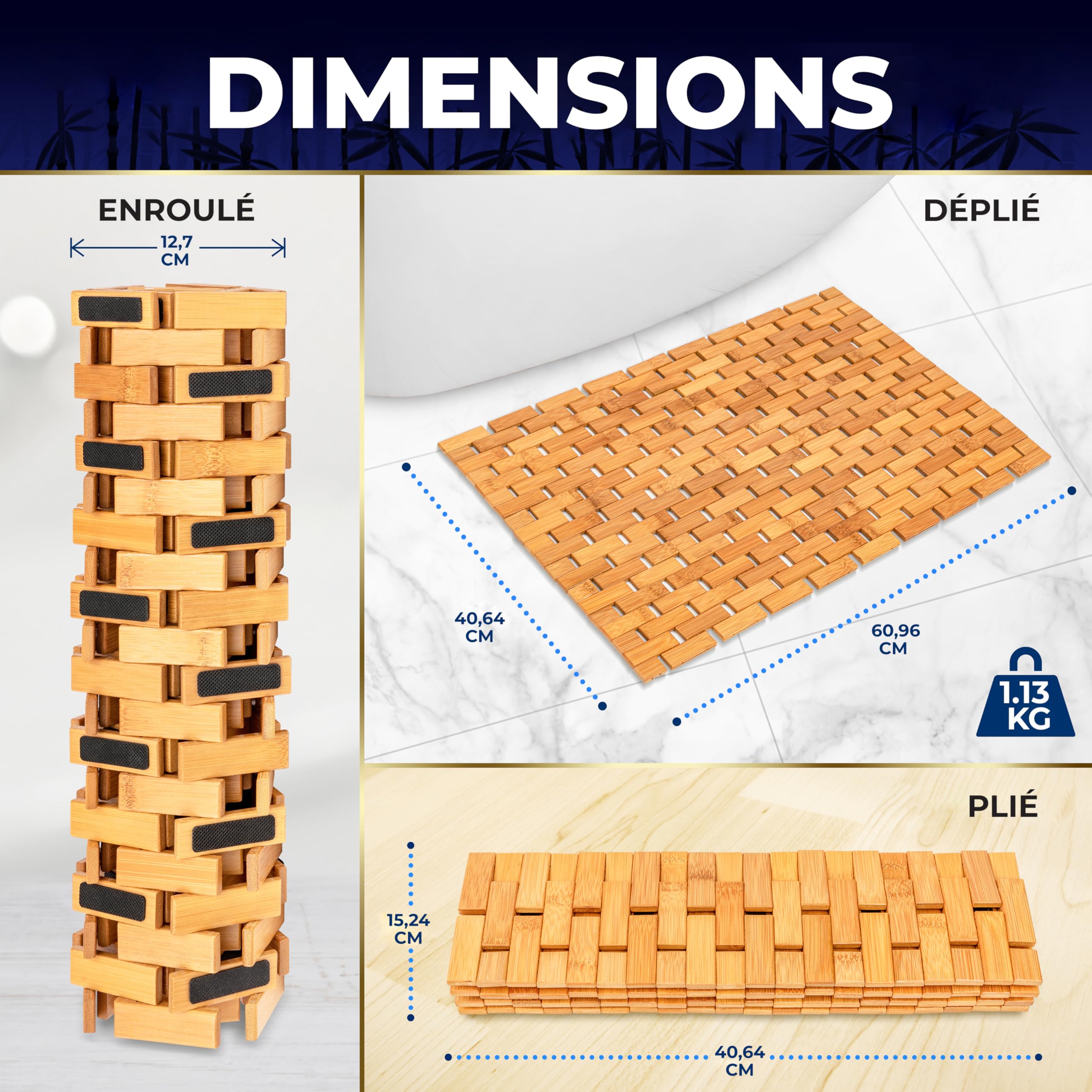SereneLife Tapis de Bain et de Douche en Bambou Naturel – Tapis de Sol Antidérapant à Lattes avec Finition Naturelle, Surface à Grips Renforcés, Enroulable et Facile à Nettoyer