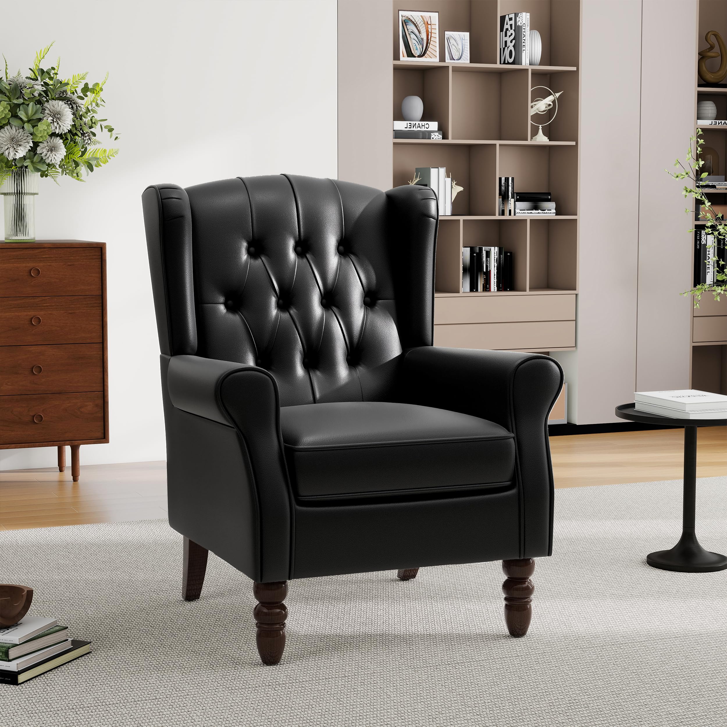 Mid-Century Modern Wingback Accent Chair - Luxe PU Faux Leather Upholstery with Solid Wood Legs, Ergonomic High Back Design - Water Resistant Living