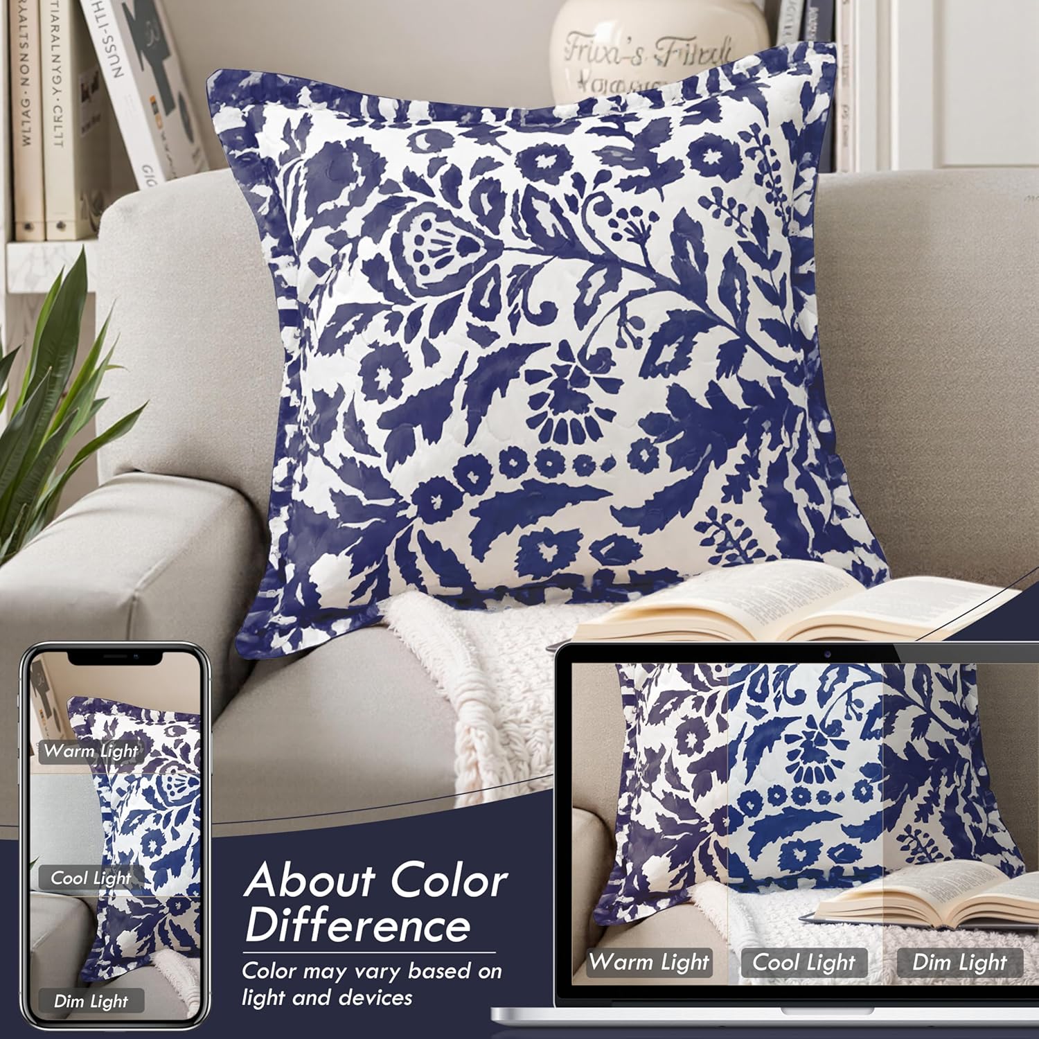 DriftAway Julia Watercolor Quilted Pillow Covers Blooming Flower Floral Printed Decorative Square for Home Sofa Bedroom Bed Decor 26 x 26 Inches 2PC Navy