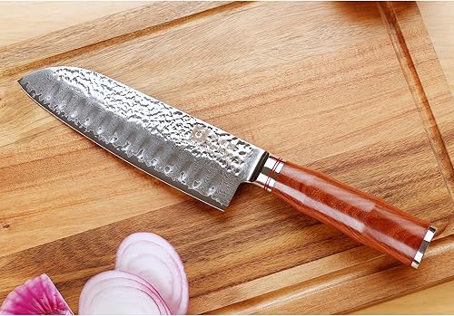 Miniatura 4 de Sunlong Santoku - Cuchillo de chef profesional de 7 pulgadas, acero de Damasco martillado japonés, mango de madera de sangre natural